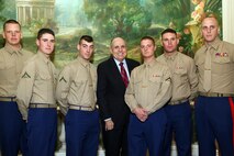 NEW YORK -- Marines from Special Purpose Marine Air Ground Task Force 26 pose with Rudy Giuliani, former New York City mayor and presidential candidate, during a Nov. 8 brunch at the Jumeriah Essex House in honor of the USS New York sailors and Special Purpose Marine Air Ground Task Force 26 Marines who embarked on the ship for her commissioning ceremony Nov. 11.