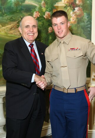 NEW YORK -- Marines from Special Purpose Marine Air Ground Task Force 26 pose with Rudy Giuliani, former New York City mayor and presidential candidate, during a Nov. 8 brunch at the Jumeriah Essex House in honor of the USS New York sailors and Special Purpose Marine Air Ground Task Force 26 Marines who embarked on the ship for her commissioning ceremony Nov. 11.