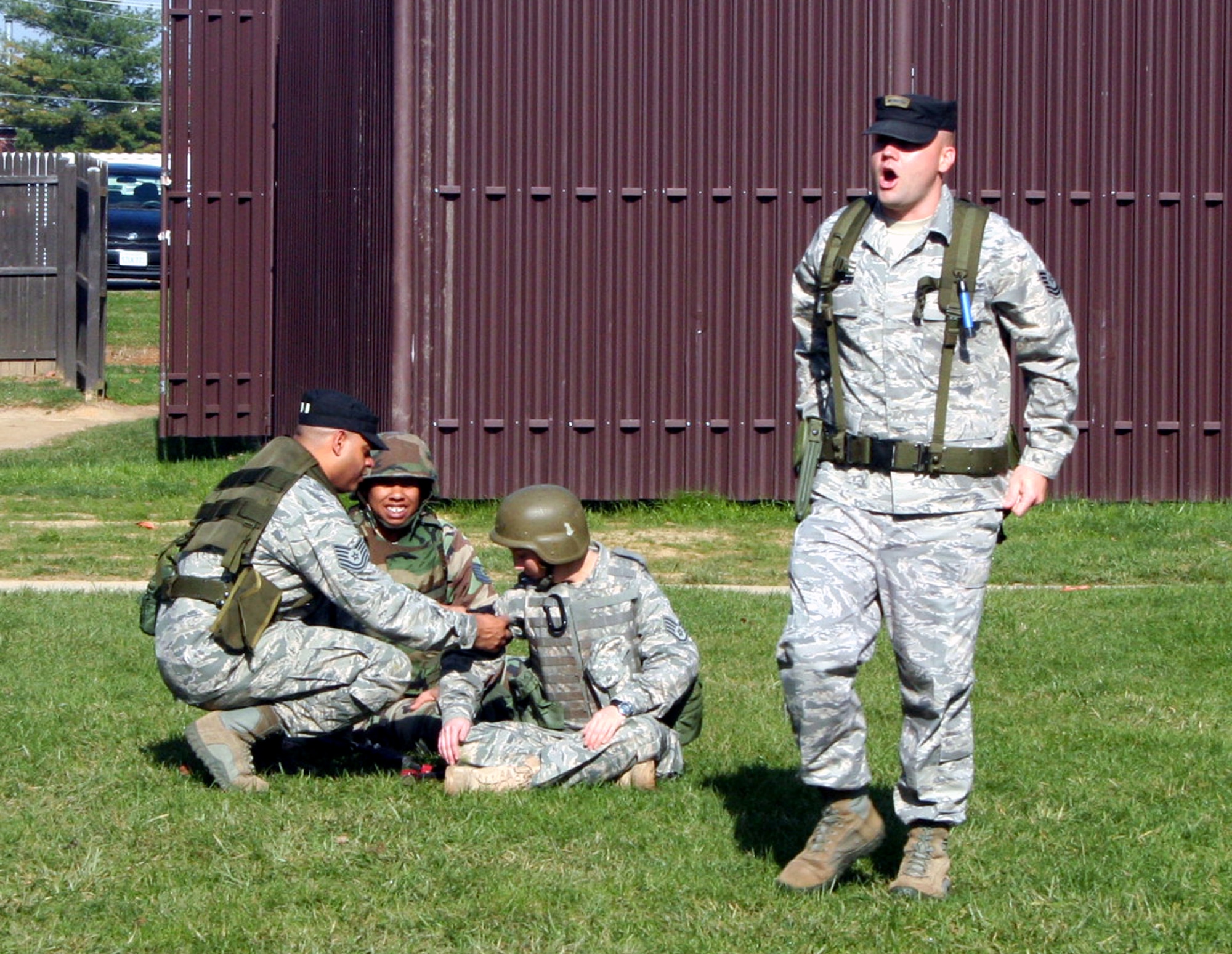 Tech. Sgt. Matt Thompson, independent duty medical technician and medical instructor for the U.S. Air Force Expeditionary Center's 421st Combat Training Squadron, teaches a session of the Care Under Fire (combat first aid) class to students in the Combat Airman Skills Training Course 10-1A on Nov. 9, 2009, at the center at Joint Base McGuire-Dix-Lakehurst, N.J.  The class focuses on combat lifesaver skills.  The CAST course trains Airmen for upcoming deployments.  (U.S. Air Force Photo/Tech. Sgt. Scott T. Sturkol)