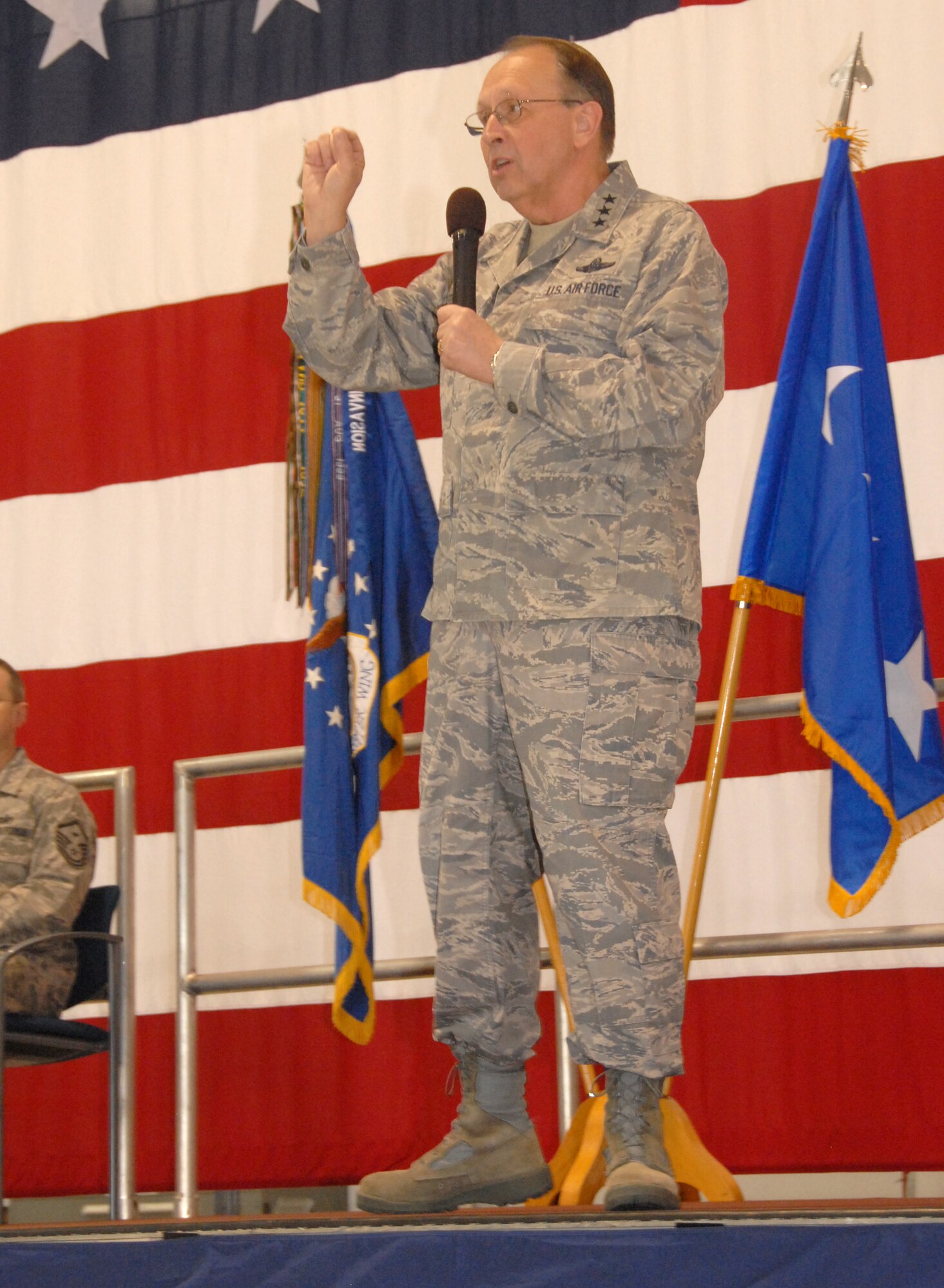 Lt. Gen. Charles Stenner, chief of the Air Force Reserve and commander of Air Force Reserve Command, addresses Citizen Airmen of the 442nd Fighter Wing at Whiteman Air Force Base, Mo., Nov. 8, 2009.  Gen Stenner visited the wing during its unit-training-assembly weekend and talked about how the Air Force Reserve is transforming under his command to meet the needs of the U.S. Air Force.  (U.S. Air Force photo/Staff Sgt. Kent Kagarise)