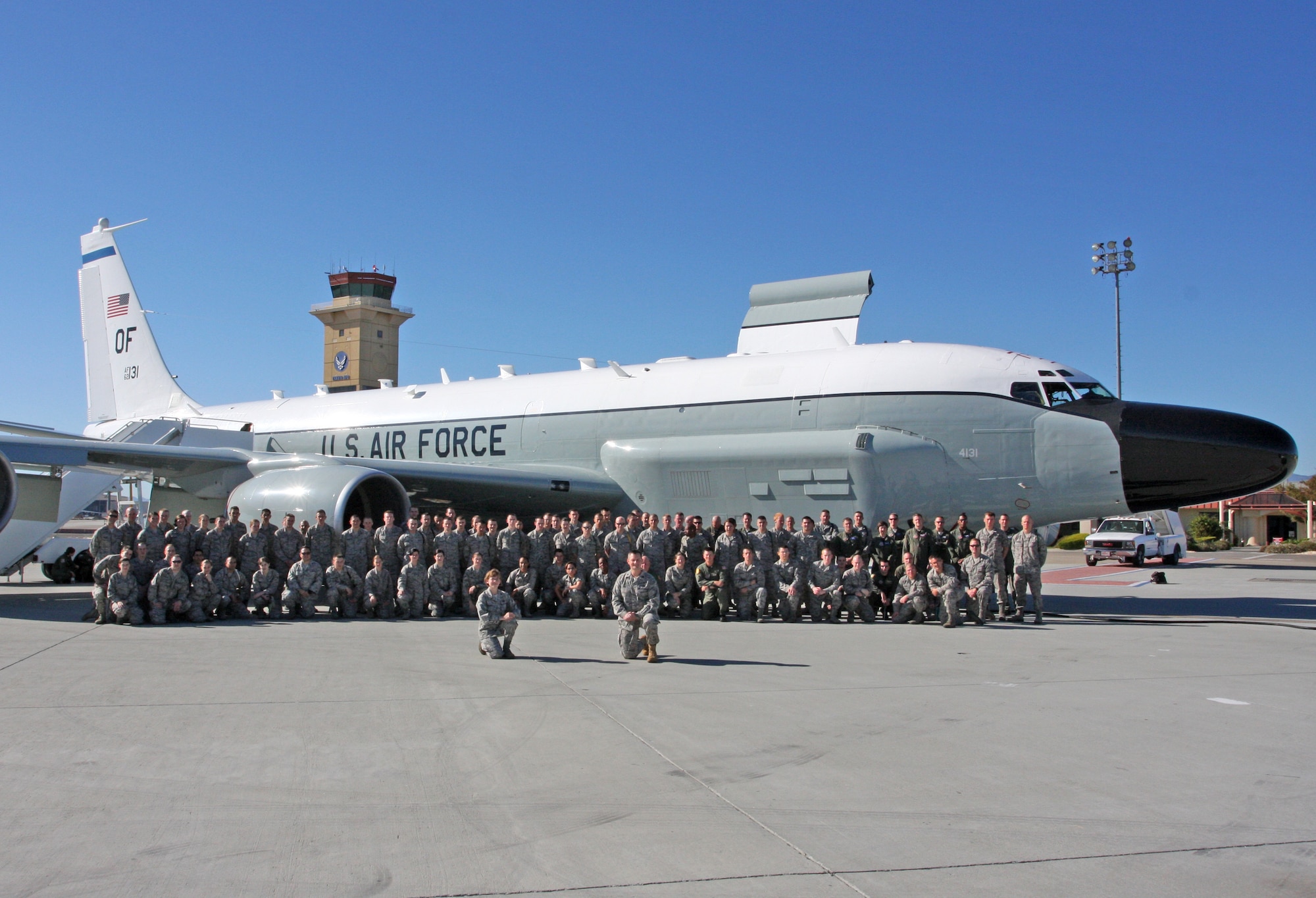 A select group of 83 Airborne Crypto-linguists, known as “1A8s”, in training at the Defense Language Institute, Presidio of Monterey, Calif. were treated to  a tour of Travis Air Force Base, Calif. on Nov. 2.  The highlight of the tour featured the RC-135 Rivet Joint, provided by Offutt Air Force Base, Neb., along with a a detailed walk-through and explanation of the aircraft.  (U.S. Air Force photo/Capt. Eric Waldo)