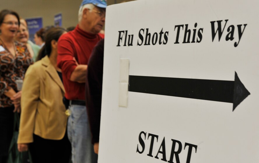 MOODY AIR FORCE BASE, Ga. -- Retirees of the local communities stand in line for influenza vaccines during the Retiree Appreciation event held here Nov 7. More than 600 retirees attended this year's retiree appreciation day. (U.S. Air Force photo by Senior Airman Schelli Jones)