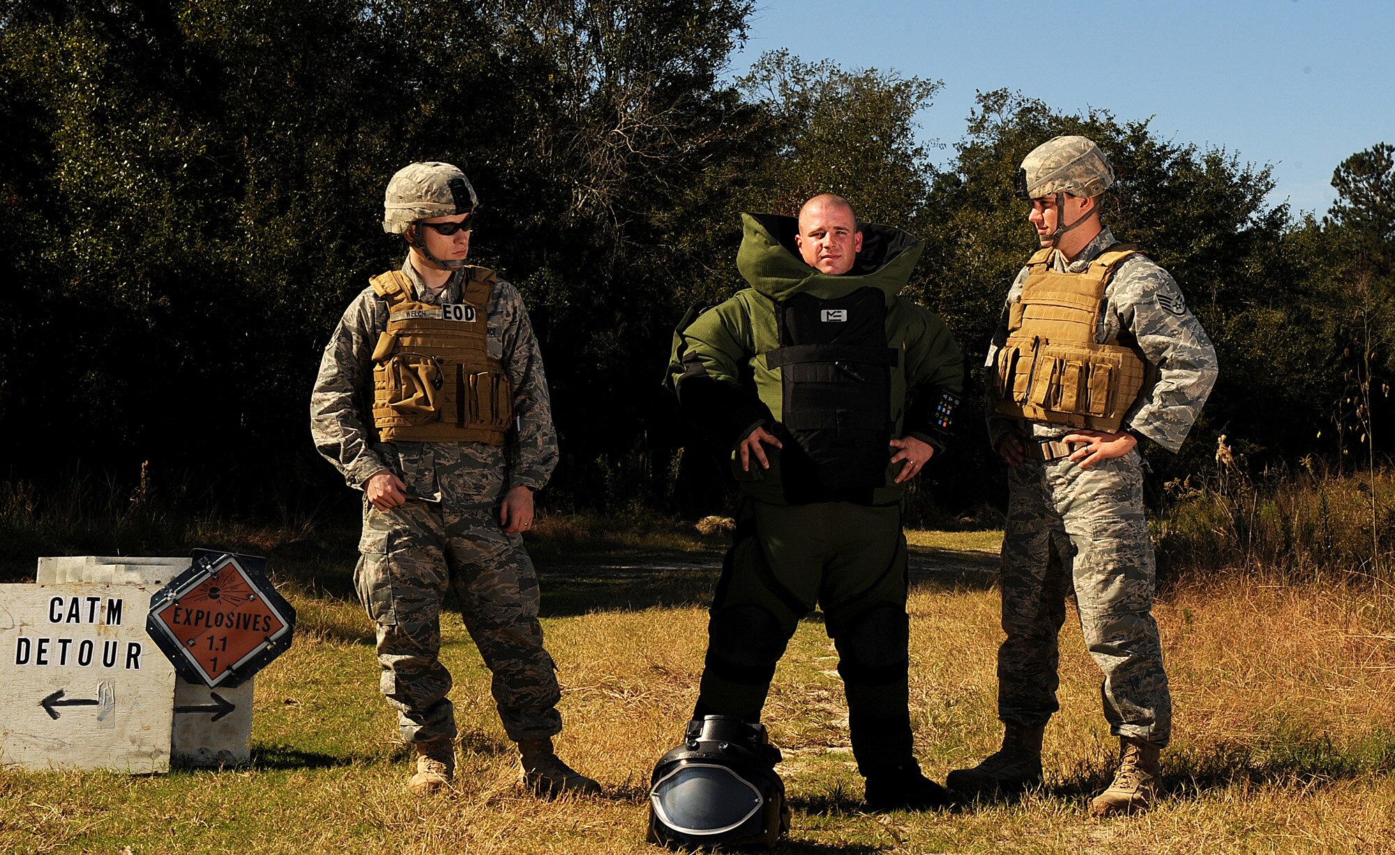 MOODY AIR FORCE BASE, Ga. -- Senior Airman Andrew Welch, 23rd Civil Engineer Squadron EOD journeyman, Staff Sgt. Jason Kreider and Staff Sgt. Dallas Bozeman, 23rd CES EOD craftsmen, are three of Moody’s 21-member EOD team. In a deployed location, one of the most common occurrences is convoys traveling to and from base, performing mission-essential tasks. Without an explosive ordinance disposal team to clear the way, this would not be possible. (U.S. Air Force photo by Airman 1st Class Joshua Green)