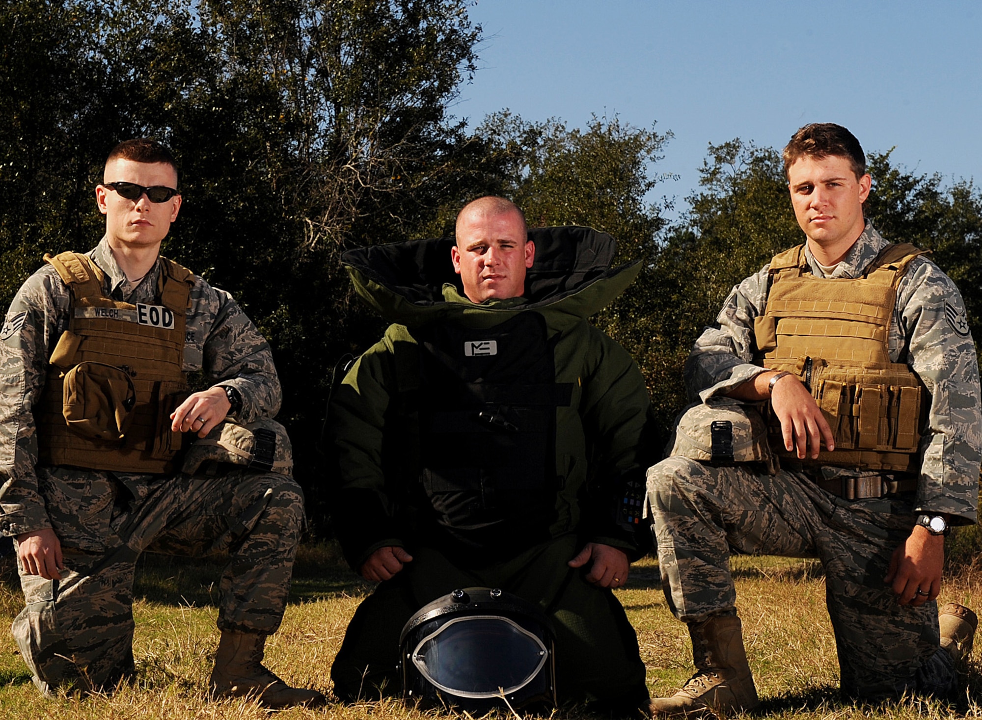 MOODY AIR FORCE BASE, Ga. -- Senior Airman Andrew Welch, 23rd Civil Engineer Squadron EOD journeyman, Staff Sgt. Jason Kreider and Staff Sgt. Dallas Bozema, 23rd CES EOD craftsmen, are three of the 21 EOD members on Moody. Typically, about a quarter of these members are deployed in support of Operations Enduring and Iraqi Freedom. (U.S. Air Force photo by Airman 1st Class Joshua Green)