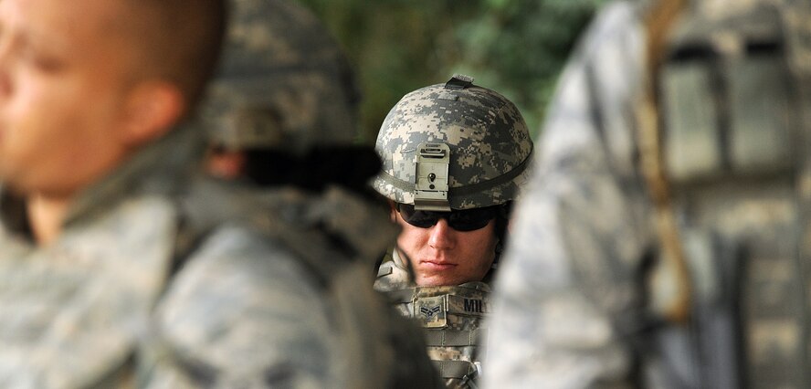 MOODY AIR FORCE BASE, Ga. -- Airman 1st Class Zachary Miller, 823rd Security Forces Squadron specialist, reflects on the next tasking during a break in combat maneuver training Nov. 2. Airmen were tasked to properly perform flanks and bounding movements, helping them maintain situational awareness in deployed environments. (U.S. Air Force photo/Airman 1st Class Joshua Green)