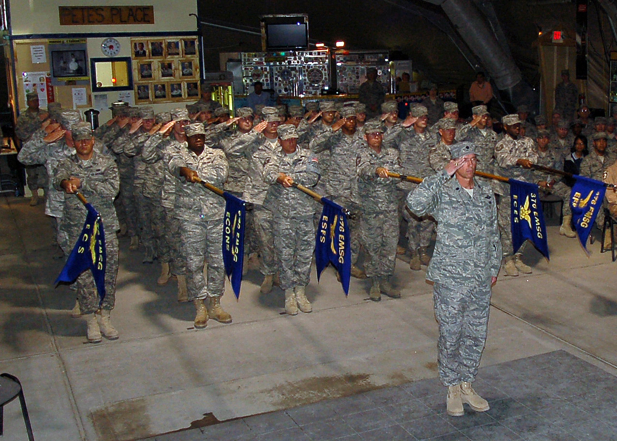 June 9, 2009, the Expeditionary Mission Support Group saluting the new EMSG commander after the EMSG change of command.