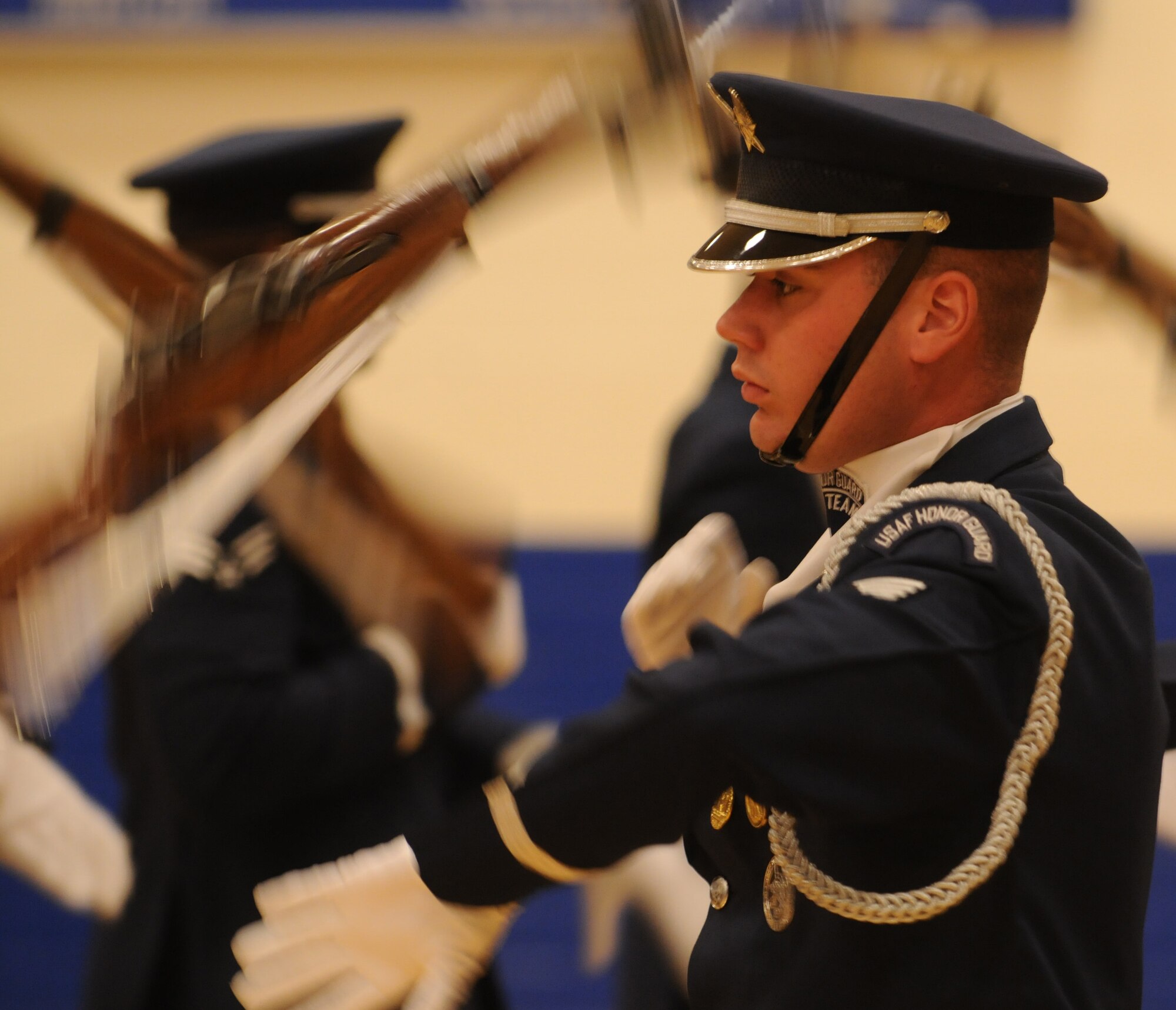 Staff Sgt. Timothy Plakas of the United States Air Force Honor Guard Drill Team performs for students at Randolph Air Force Base, Texas on Nov. 2.  The Drill Team tours worldwide representing all Airmen while showcasing Air Force precision and professionalism and personifying the integrity, discipline, and teamwork of every Airman and every Air Force mission. During the Air Force Honor Guard's 60-year history, their traveling component, the Drill Team, has performed in every state of the union and many countries abroad. (U.S. Air Force photo by Senior Airman Sean Adams)
