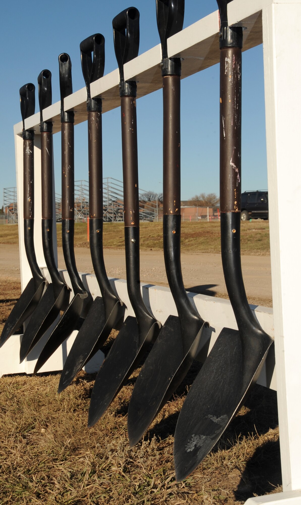 ELLSWORTH AFB S.D. -- Seven shovels await use for the ground breaking of the newest entrance gate to the base, Nov. 5.  The new gate will replace the Patriot Gate. (U.S. Air Force photo/Airman 1st Class Anthony Sanchelli)
