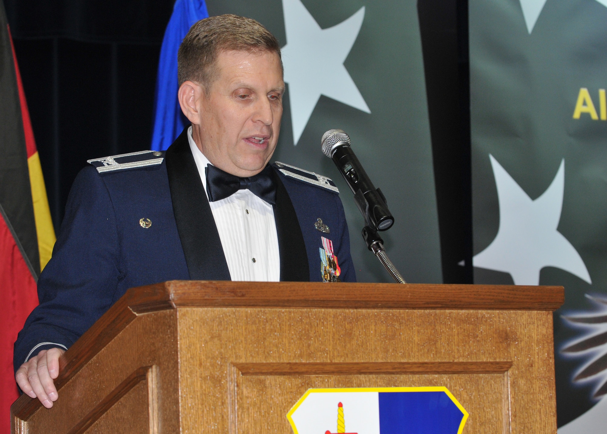 SPANGDAHLEM AIR BASE, Germany -- Col. John Morley, 52nd Maintenance Group commander, gives the opening speech during the Airman Leadership School class 10-1 graduation Nov. 5 at Club Eifel. After five weeks of education and training, each graduate was equipped with knowledge needed to assume responsibilities that come with being a supervisor in today's Air Force. (U.S. Air Force photo/Airman 1st Class Nick Wilson)