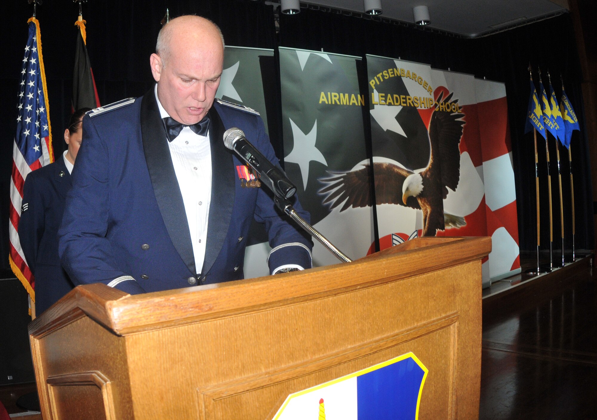 SPANGDAHLEM AIR BASE, Germany -- Chaplain (Capt.) Paul Joyner gives the invocation during the Airman Leadership School class 10-1 graduation Nov. 5 at Club Eifel. After five weeks of education and training, each graduate was equipped with knowledge needed to assume responsibilities that come with being a supervisor in today's Air Force. (U.S. Air Force photo/Airman 1st Class Nick Wilson)