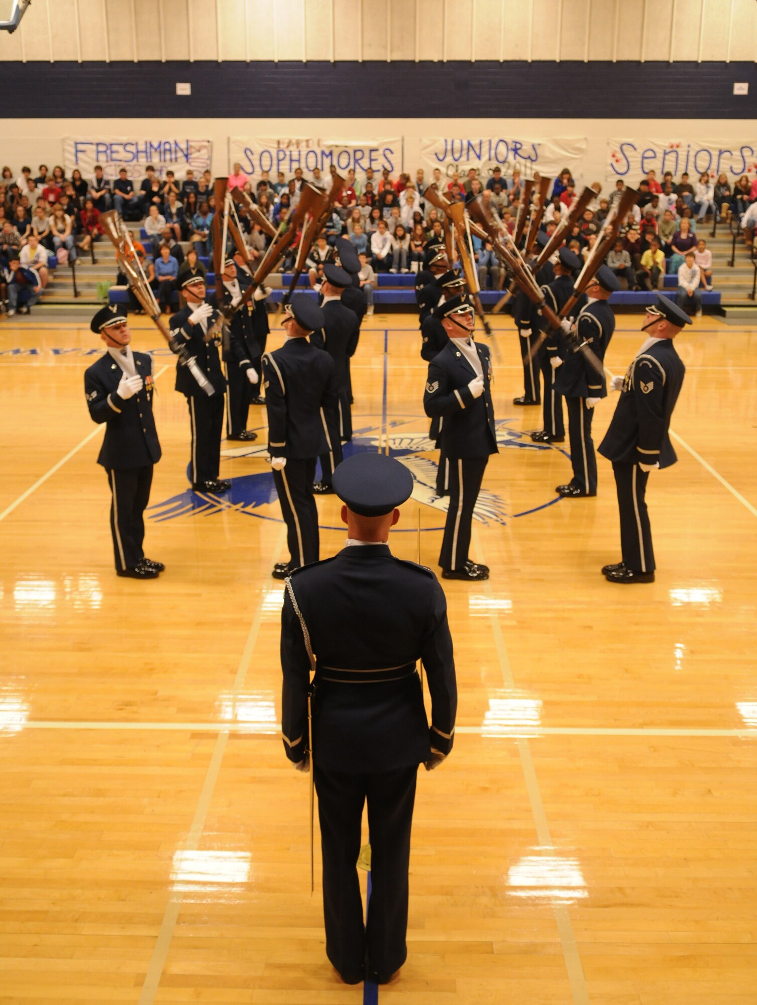 The United States Air Force Honor Guard Drill Team performs for students at Randolph Air Force Base, Texas, Nov. 2.  The Drill Team tours worldwide representing all Airmen while showcasing Air Force precision and professionalism and personifying the integrity, discipline, and teamwork of every Airman and every Air Force mission. During the Air Force Honor Guard's 60-year history, their traveling component, the Drill Team, has performed in every state of the union and many countries abroad. (U.S. Air Force photo by Senior Airman Sean Adams)