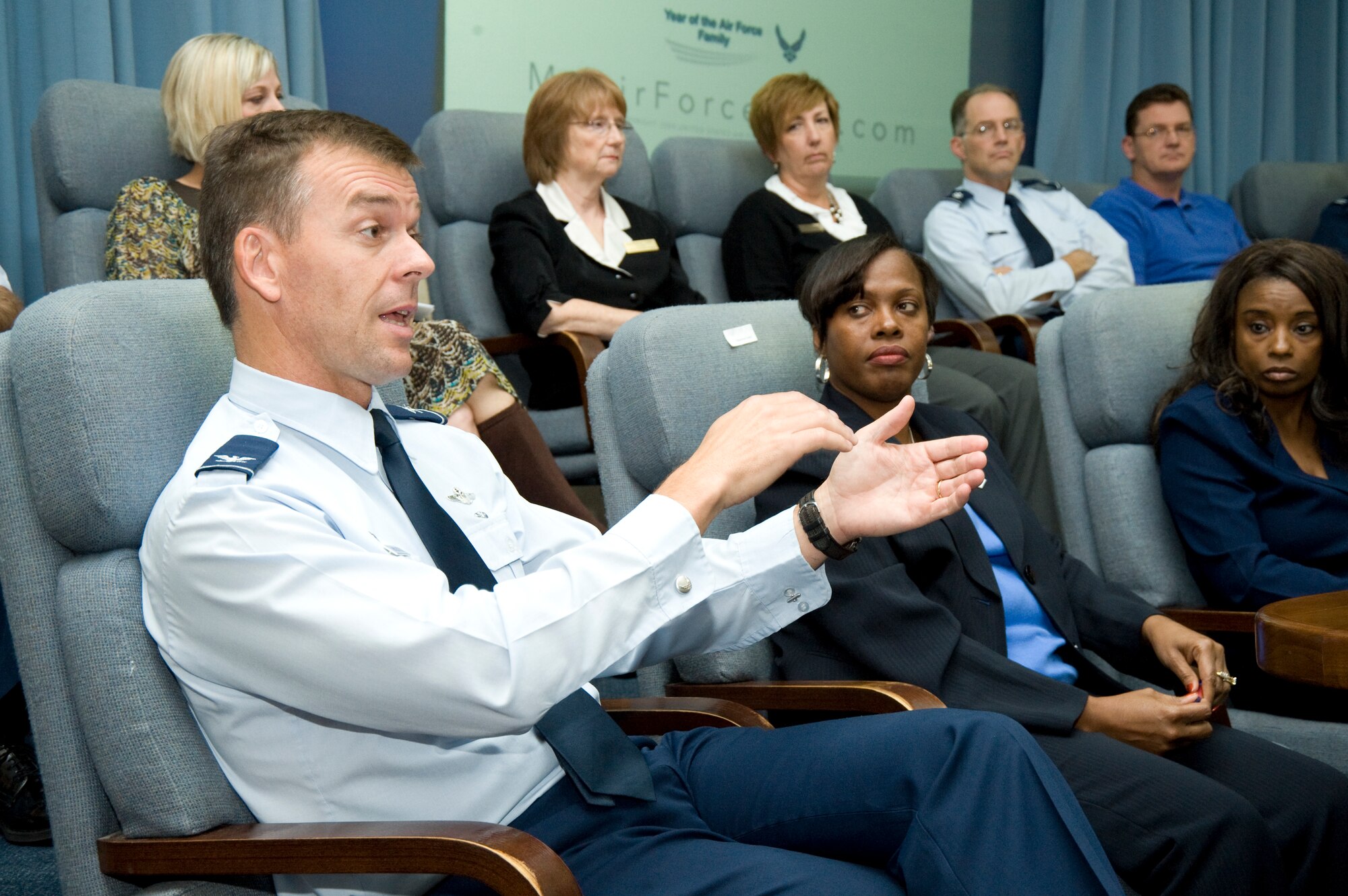 EGLIN AIR FORCE BASE, Fla. -- Col. Bruce McClintock, 96th Air Base Wing commander, addresses questions during Eglin’s town hall meeting Nov. 2. A forum provided base personnel the opportunity to discuss areas of health and wellness; airman and family support; education, development and employment and housing concerns with leadership and panel representatives. Another town hall is scheduled in the near future. (U.S. Air Force photo/Deb Haussermann)