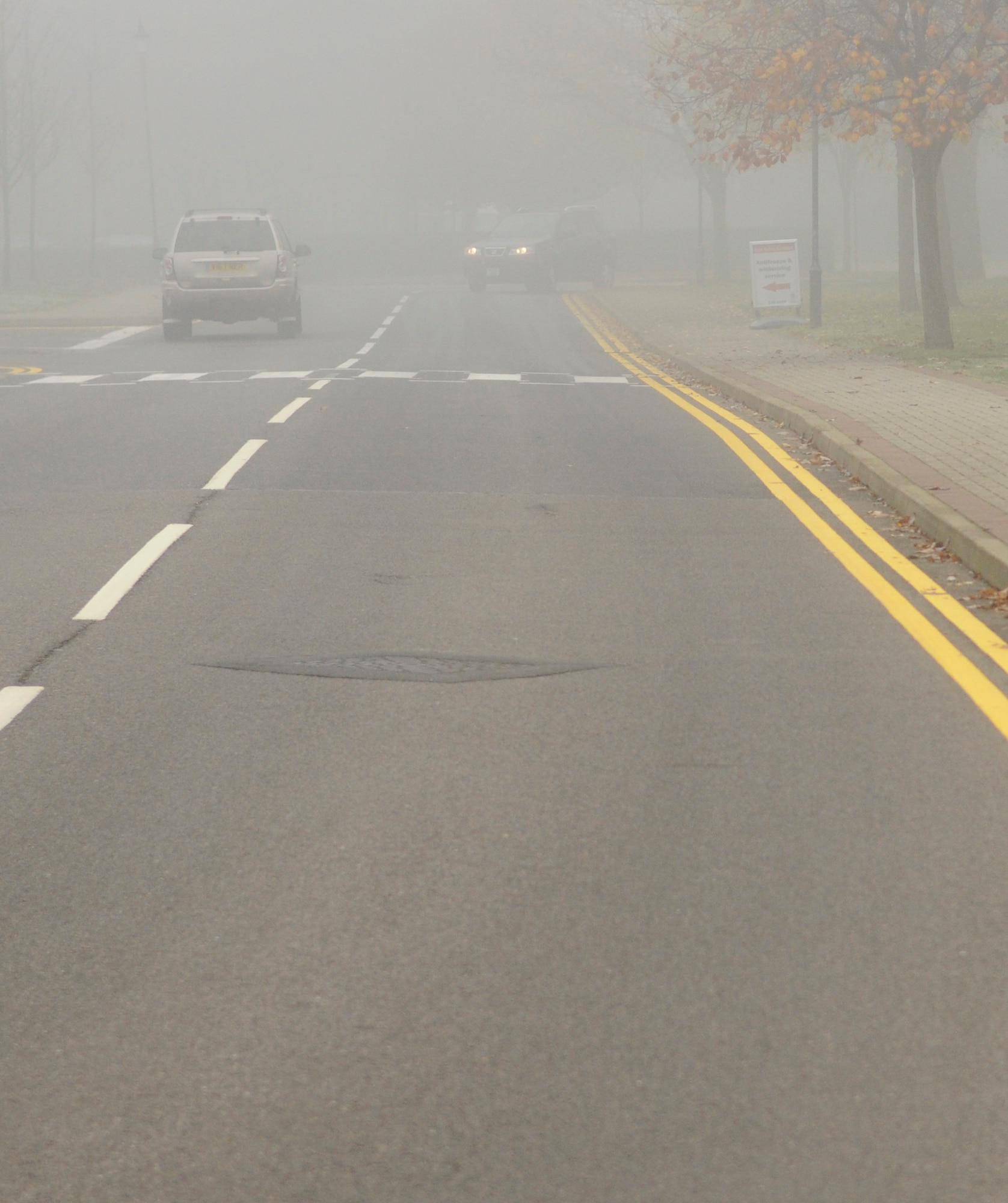 RAF MILDENHALL, England -- A thick fog lays over the base and surrounding areas Nov. 09.  Drivers are reminded that not using fog lights in such conditions is a traffic violation.  (U.S. Air Force photo/Christopher L. Ingersoll)