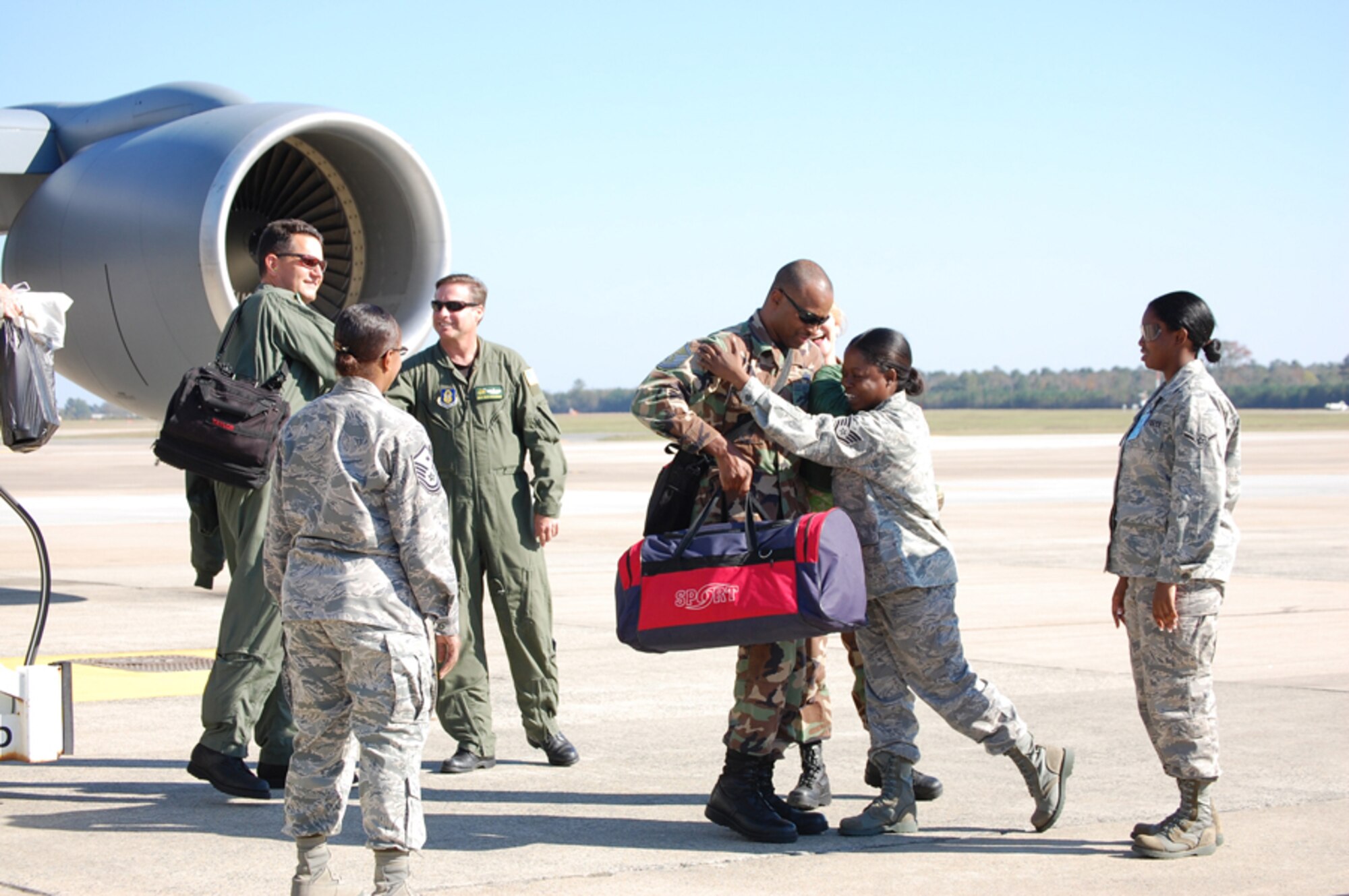 Airmen from the 916thAir Refueling Wing, Air Force Reserve, receive a warm welcome back at Seymour Johnson upon their return from a deployment to Guam.