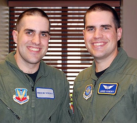 Second Lt. Andrew Scherff, left, visits his twin brother, 2nd Lt. Jared Scherff, at Dover AFB, Del., May 26, 2008, while both awaited pilot training. During that time, Andrew worked as a B-2 simulator scheduler for the 394th Combat Training Squadron at Whiteman AFB, Mo. Jared worked as a 3rd Airlift Squadron executive officer. (Courtesy photo)