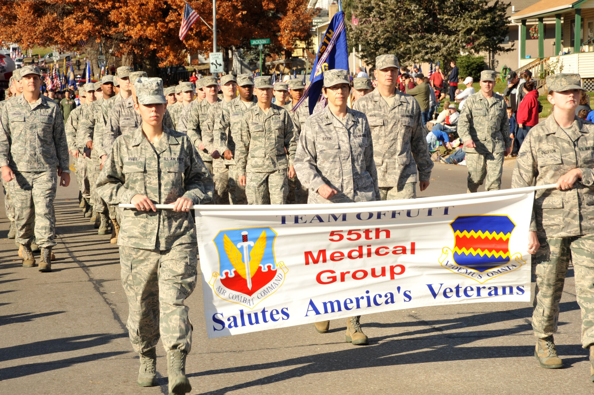 OFFUTT AIR FORCE BASE, Neb. - Colonel Linda L. Eaton, center, commander of the 55th Medical Group, leads her troops down Mission Avenue in Olde Towne Bellevue, Neb., Nov. 7 during the Annual Official Nebraska Veterans Parade. The parade, in its 10th year, honors the service and sacrifices of all military veterans and their family members.  
U.S. Air Force photo by D.P. Heard