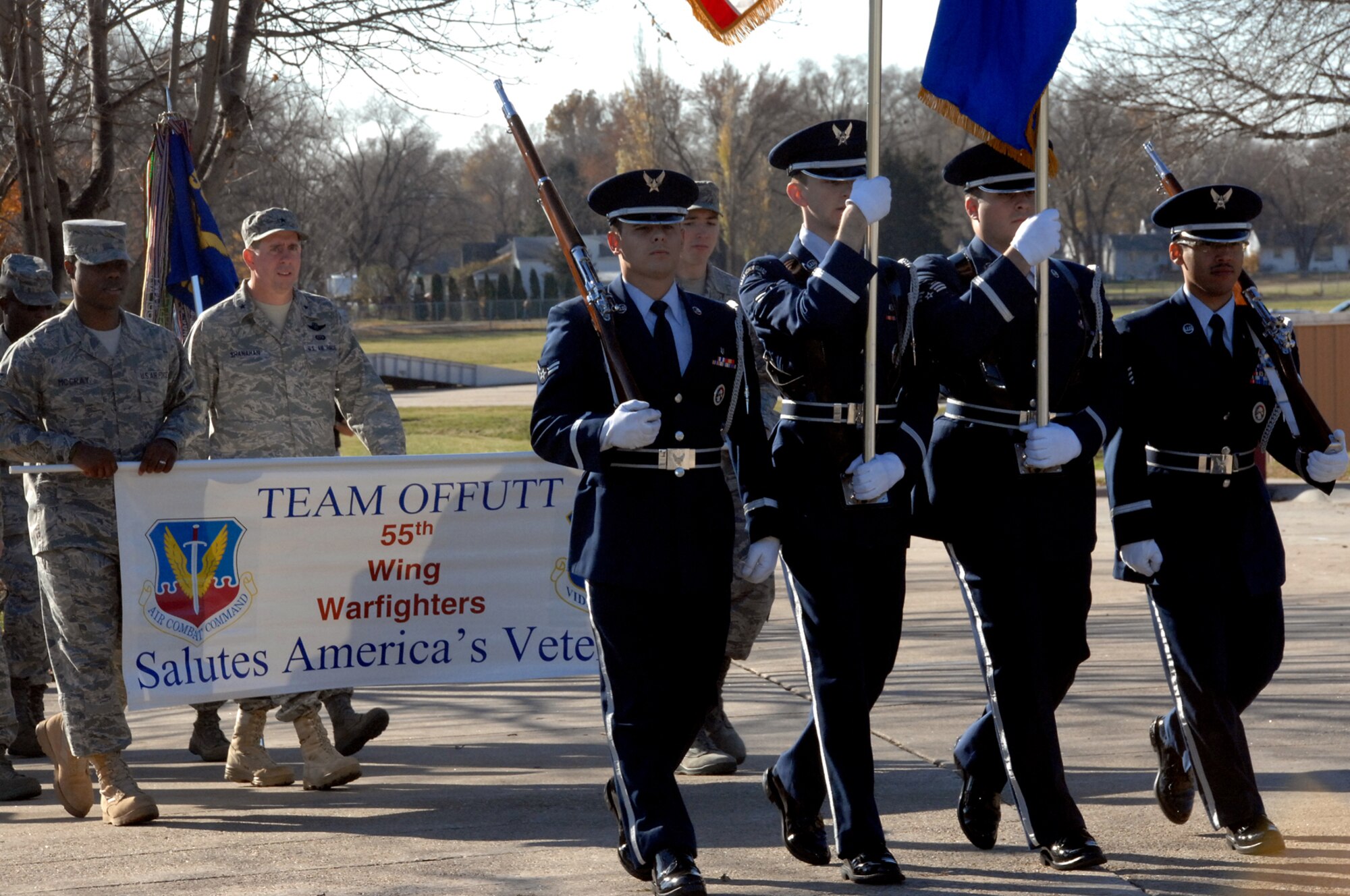 OFFUTT AIR FORCE BASE, Neb. - Brigadier Gen. John N.T. Shanahan, 55th Wing commander, leads the 55th Wing Warfighters formation during Nebraska's Official Veterans Day Parade Nov. 7. More than 400 Team Offutt troops participated in the parade held in Olde Towne Bellevue, Neb.  The event, in its 10th year, honors all military veterans and their families for their service and sacrifice in defense of our nation.  U.S. Air Force photo by Kendra Williams