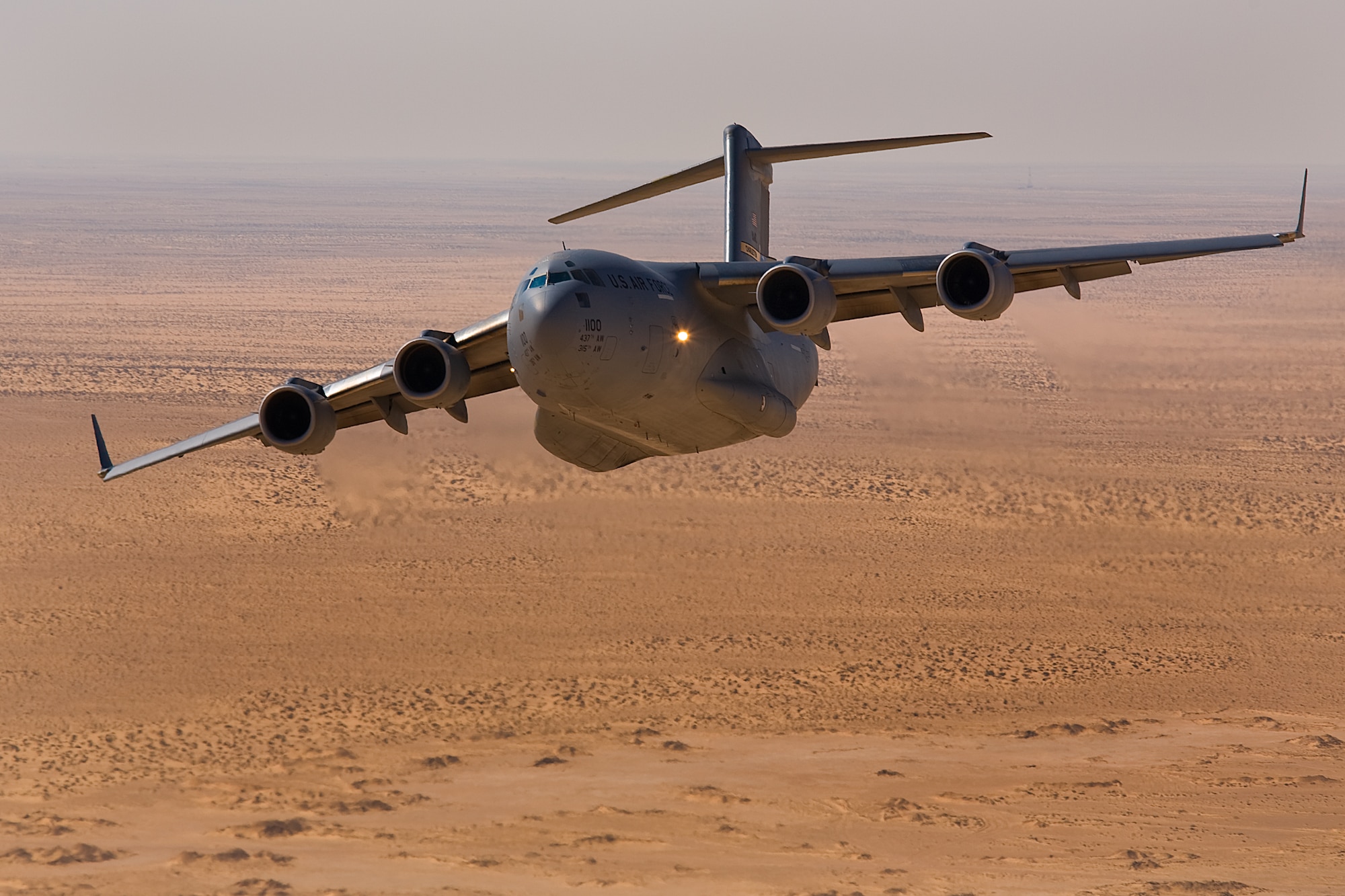 A Charleston C-17 flies a low-level route west of Cairo, Egypt as part of the Bright Star Exercise Oct. 13. (U.S. Air Force photo/Col. Joseph Mancy)