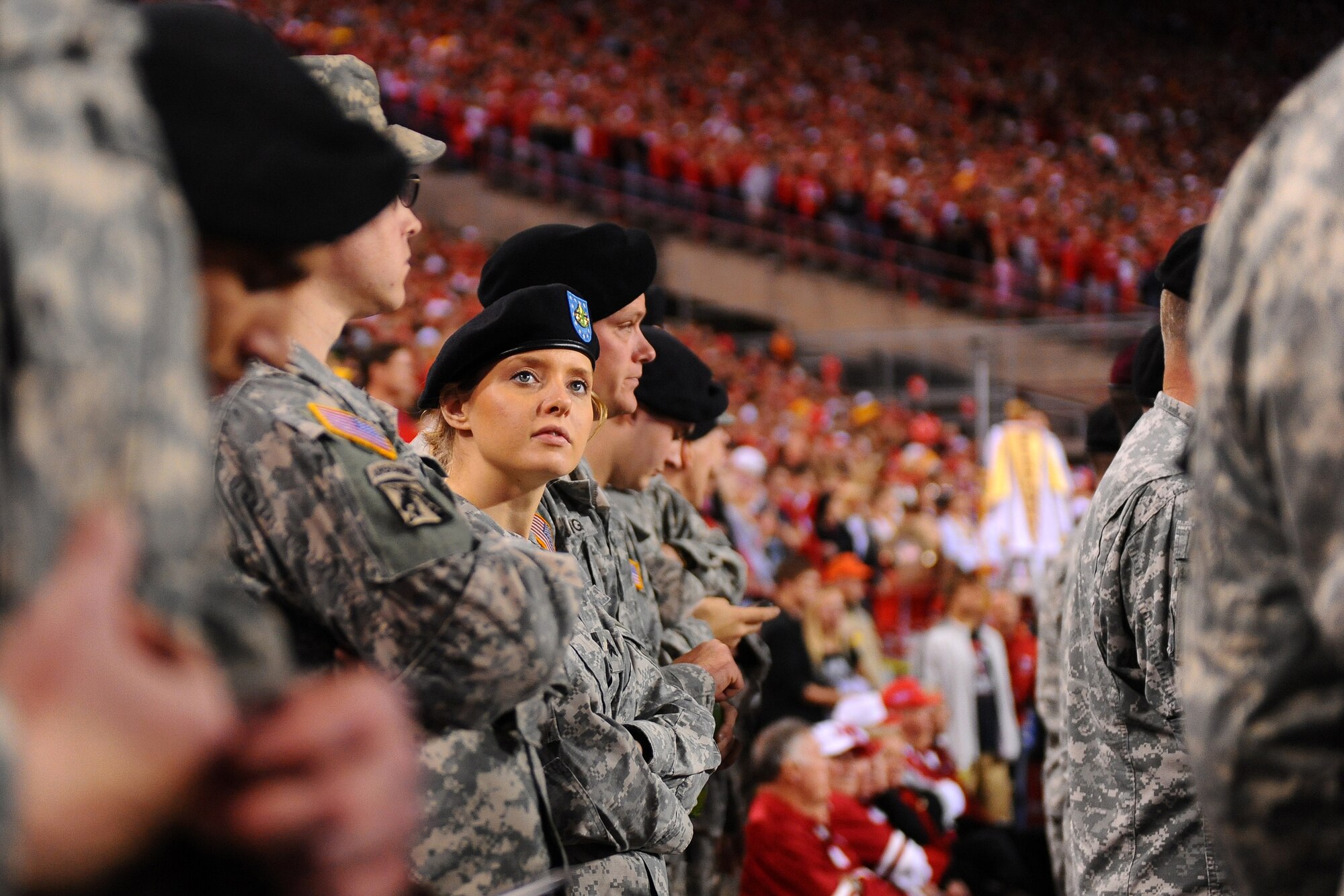 OFFUTT AIR FORCE BASE, Neb. - U.S. Army St. Amanda Engen, Lincoln National Guard, glances at the Memorial Stadium scoreboard during the University of Nebraska military appreciation football game in Lincoln, Neb., Nov. 7. The university invited members of the military, include members of Team Offutt, to attend the game to thank them for their service. U.S. Air Force photo by Josh Plueger


U.S. Air Force Photo by Josh Plueger

