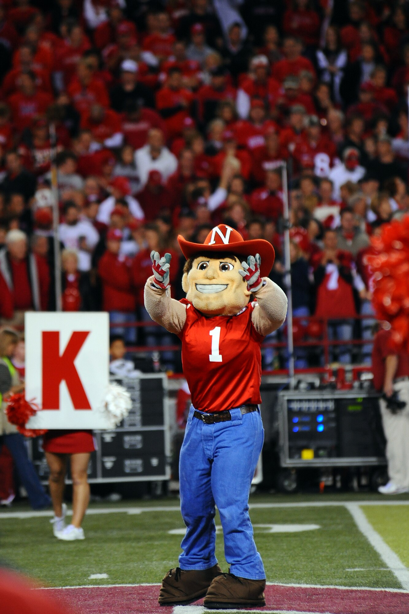 OFFUTT AIR FORCE BASE, Neb. - University of Nebraska mascot Herbie Husker gets the sell out audience pumped up during the military appreciation football game at Lincoln's Memorial Stadium, Nov. 7.  The university set aside several rows of seats for members of the military during the appreciation game.  This included several Nebraska Guard units as well as members from Offutt Air Force Base.
	
U.S. Air Force photo by Josh Plueger
