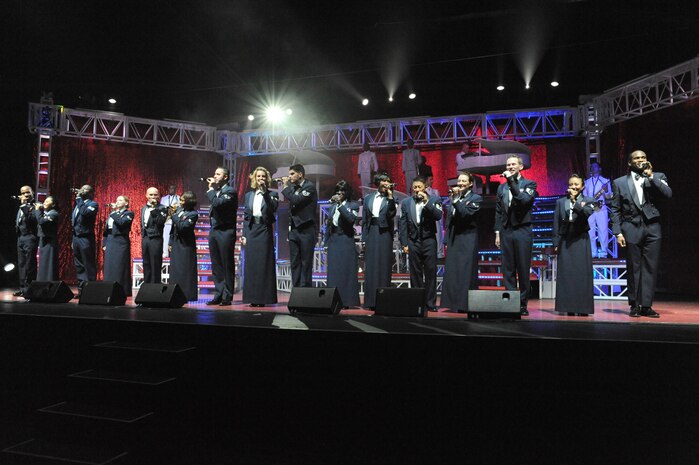 Tops in Blue performers close the show with the singing of the Air Force song during their performance at the North Charleston Performing Arts Center in North Charleston Nov. 8. Tops in Blue represents the Air Force as one of the oldest and most widely renowned productions, made up of talented amateur performers selected for their entertainment abilities. (U.S. Air Force photo/Staff Sgt. Marie Brown)
