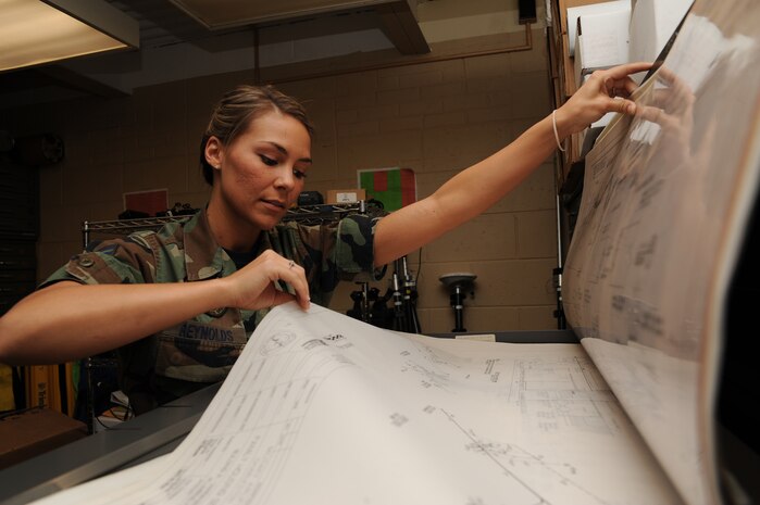 Airman 1st Class Nicole Reynolds looks through the site development vault for a specific engineering drawing here Nov. 4. The drawings can be scanned or copied at a customer's request to reference any building's features, such as square footage, location, facility number and the year the building was built. Airman Reynolds is an engineering assistant with the 437th Civil Engineer Squadron Site Development Shop. (U.S. Air Force photo/Senior Airman Katie Gieratz)
