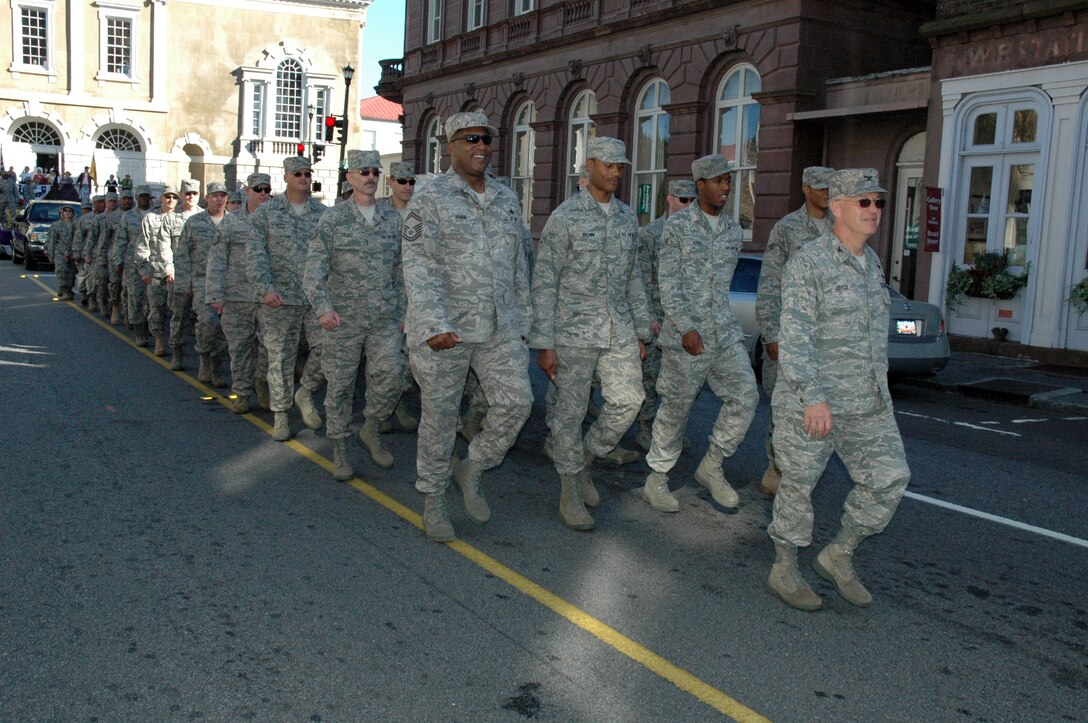 Colonel James Jocye leads the 315th Airlift Wing during the Charleston Annual Tri-County Veteran’s Day Parade.  This was the city’s 12th year hosting the Veterans Day Parade.  (Air Force photo/ SrA Dani Shea)