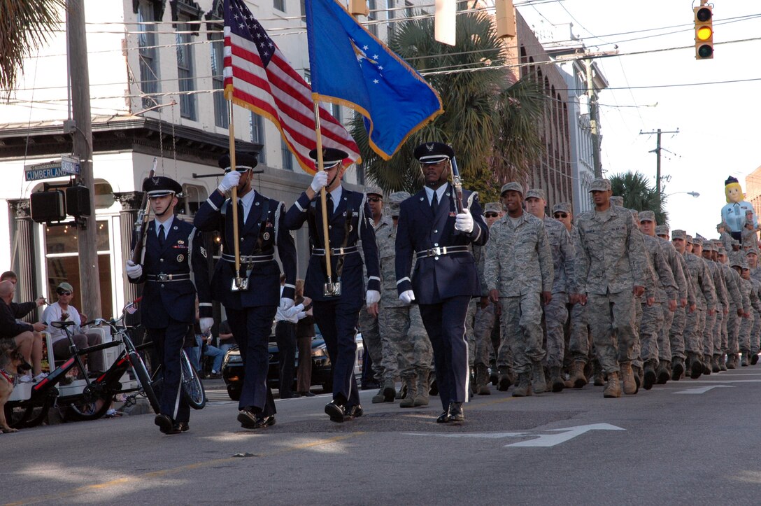 The 315th Airlift Wing Honor Guard from Charleston AFB, S.C., march the Colors during the Charleston Annual Tri-County Veteran’s Day Parade.  This was the city’s 12th year hosting the Veterans Day Parade.  