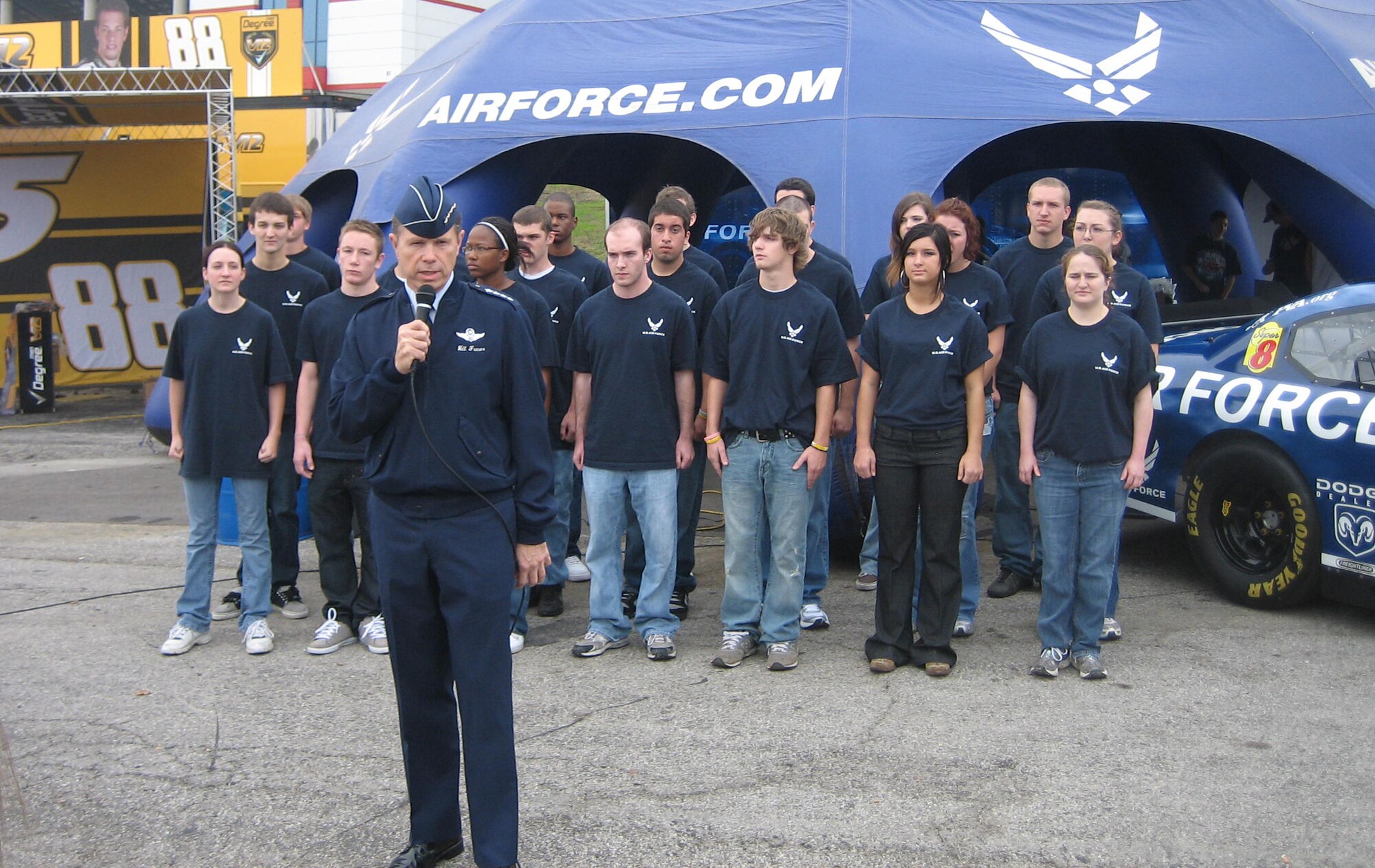 FORT WORTH, Texas --  Gen. William M. Fraser III, commander of Air Combat Command, thanks the parents of the newly enlisted Airmen prior to the Dickies 500 race at the Texas Motor Speedway Nov. 8. General Fraser administered the oath of enlistment to 21 Airmen, who are part of the Air Force’s Delayed Enlistment Program. (U.S. Air Force photo/Tom Holloway)