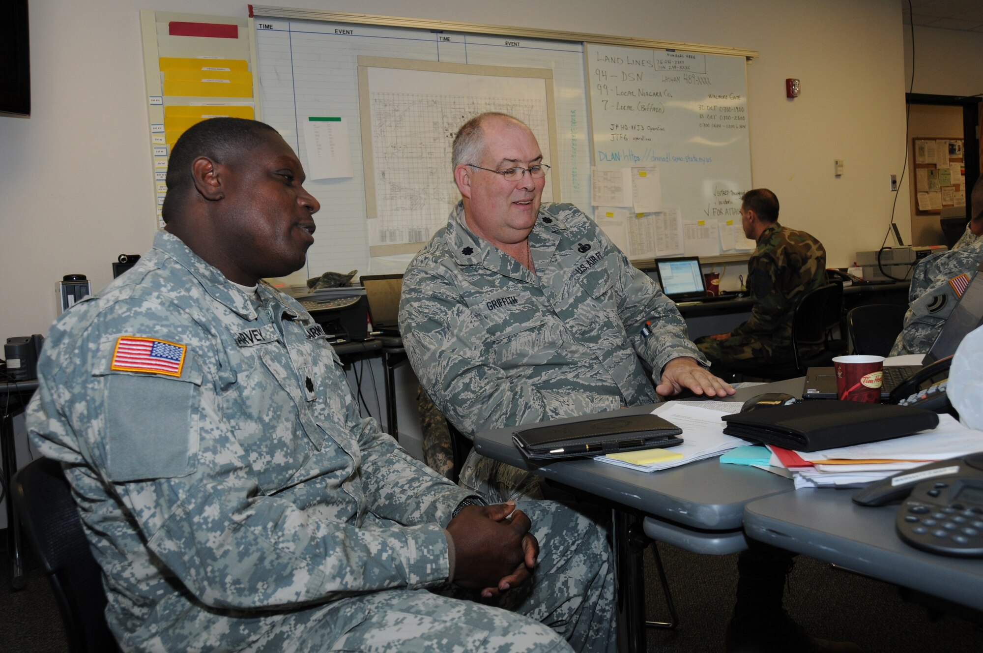 Lt. Col. Elvis Harvey, VING, shadows Lt. Col Barry Griffith during the week long Vigilant Guard exercise. Col. Harvey traveled 1900 miles from the Virgin Islands to observe the exercise. The VING is slated to host a Vigilant Guard in 2014.