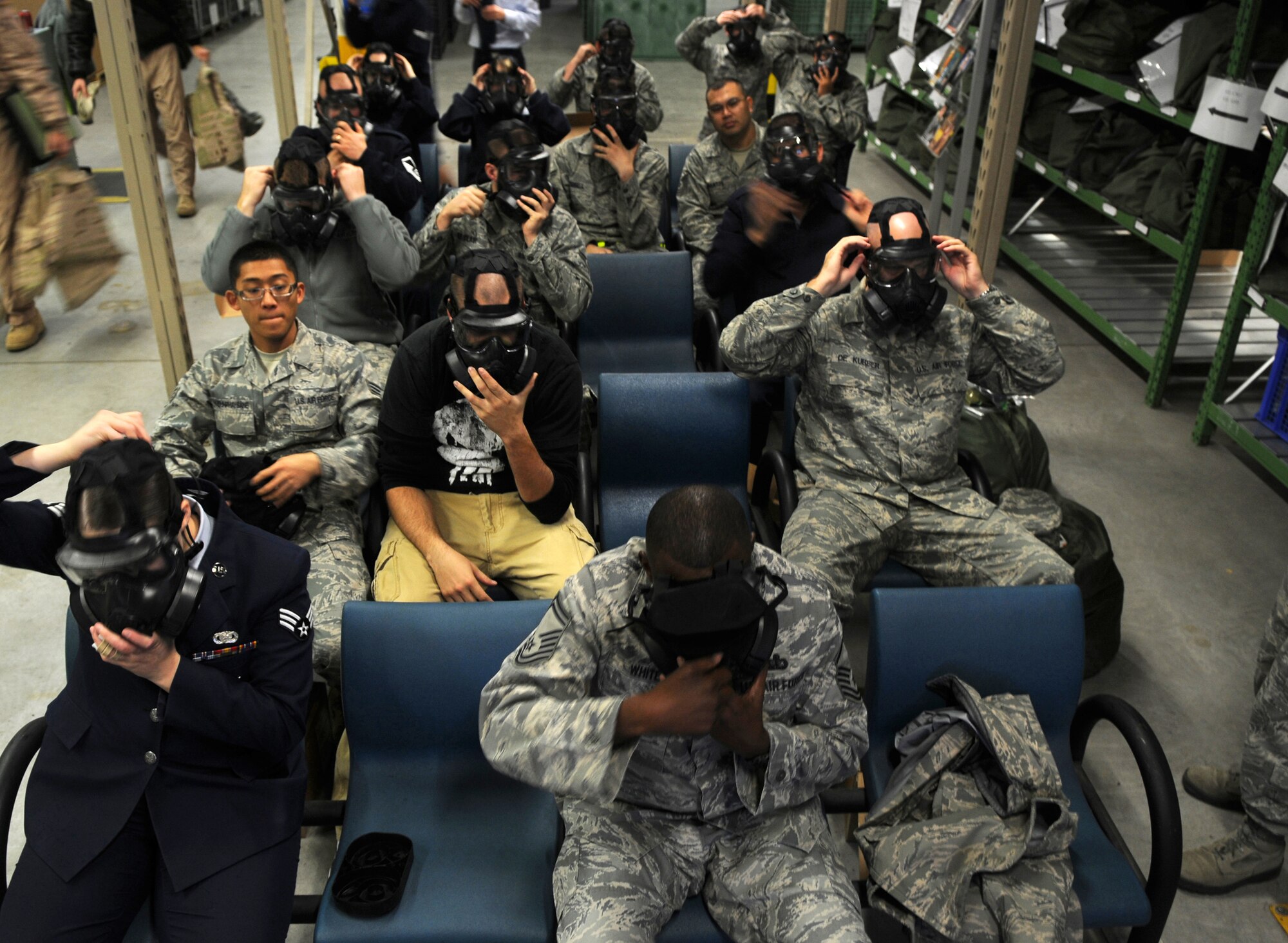 Ramstein personnel attend a class on the proper usage of the new M50 protective mask, November 9, 2009, Ramstein Air Base, Germany.  The M50 protective mask will be replacing the MCU-2P protective mask.  (U.S. Air Force photo by Staff Sgt. Charity Barrett)