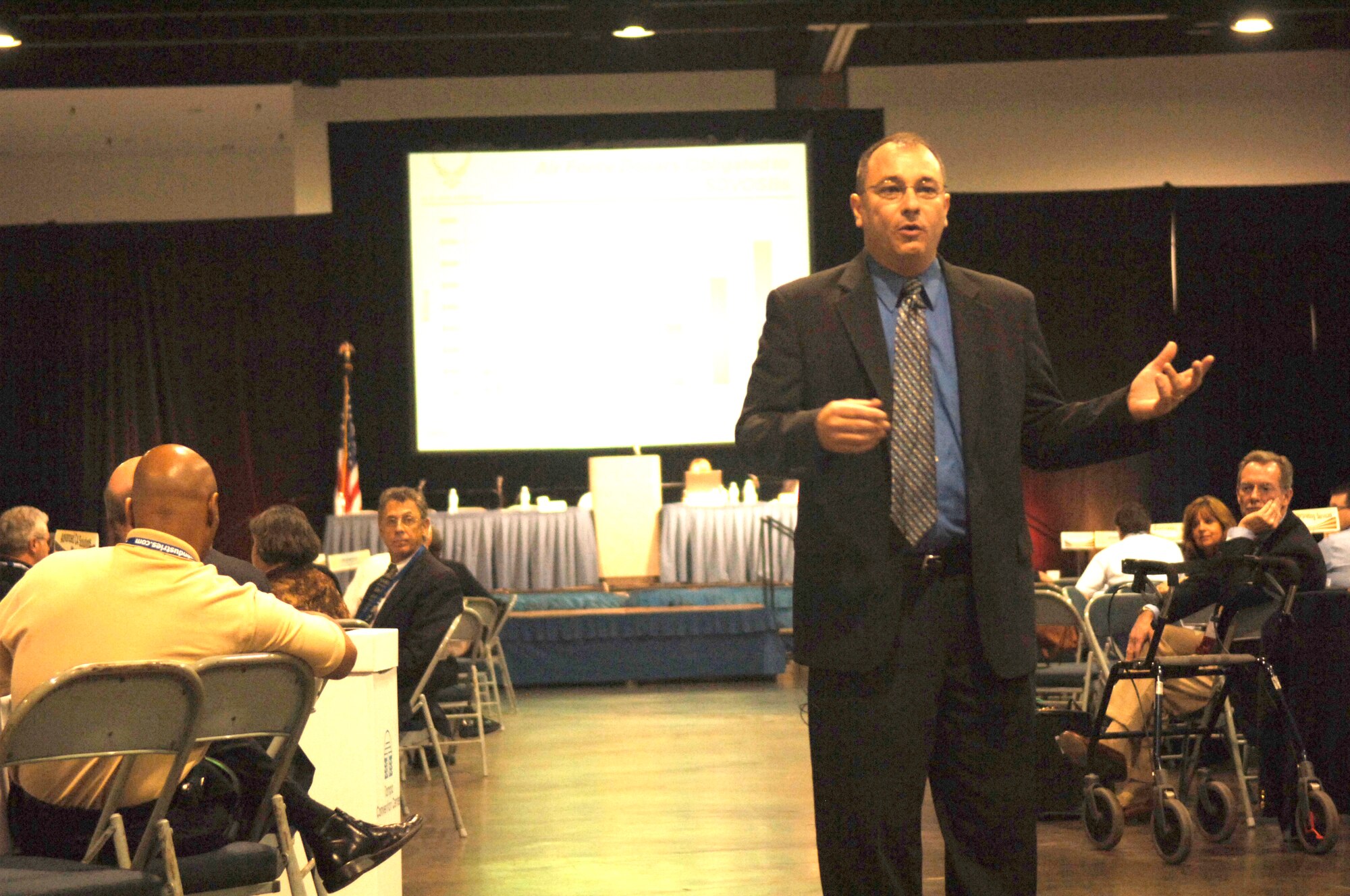 Mr. Ronald Proussard, Air Force Office of Small Business Programs director, speaks to more than 700 attendees during the 3rd Annual Service-Disabled Veteran-Owned Small Business and Veteran-Owned Small Business Technology Conference at the Tampa Convention Center Oct. 28. Mr. Proussard was a key note speaker during the two-day conference that gave business owners the opportunity to develop ongoing partnerships between Federal acquisition agencies and the vetran community.