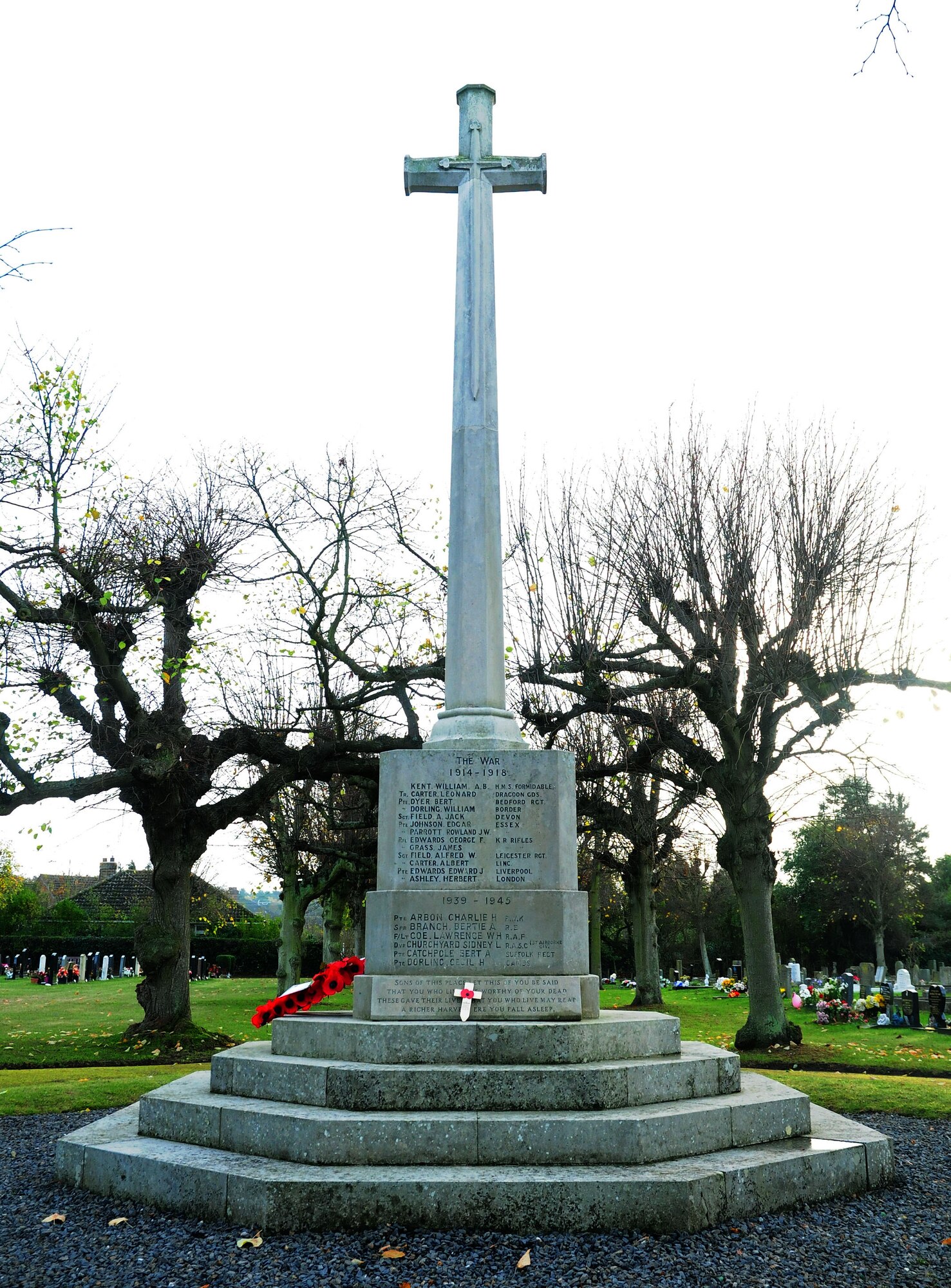 ROYAL AIR FORCE LAKENHEATH, England -- The war memorial, or cenotaph, in Brandon, England, was one of many sites in the U.K. where local residents and military members from RAF Lakenheath observed Remembrance Sunday Nov. 8.  Remembrance Sunday is observed the Sunday before Veterans Day and is a way to honor those who died or were injured in war by wearing red poppies and laying poppy wreaths at memorial sites.   (U.S. Air Force photo by Staff Sgt. Connor Estes)    