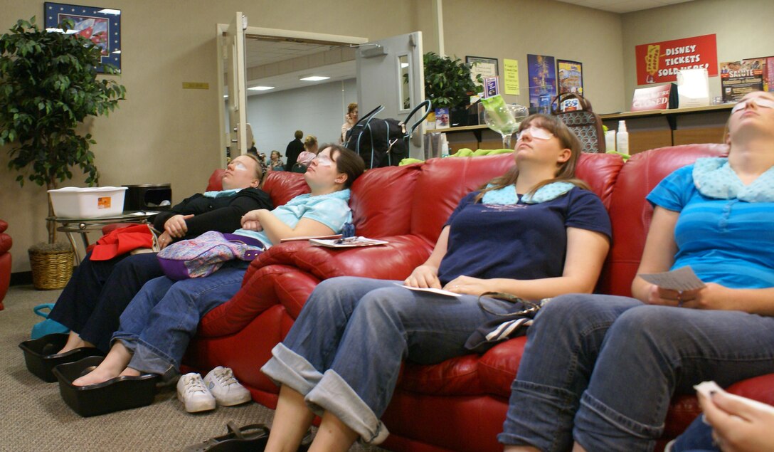 LANGLEY AIR FORCE BASE, Va. -- Hard-working Airmen relax during Lady’s Spa and Movie Night Nov. 5 at Langley's Community Center. The spa night was one  of the many events being held during Military Family Week, Nov. 1-7.  (Courtesy photo/Cynthia Bush)