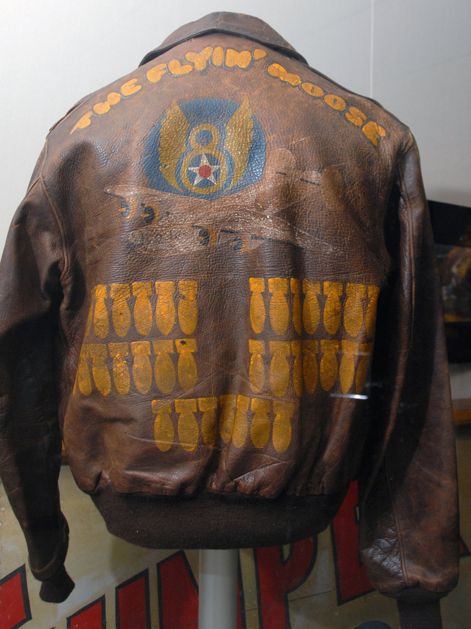 DAYTON, Ohio -- "The Flyin' Moose" aviator jacket on display at the National Museum of the United States Air Force. (U.S. Air Force photo)