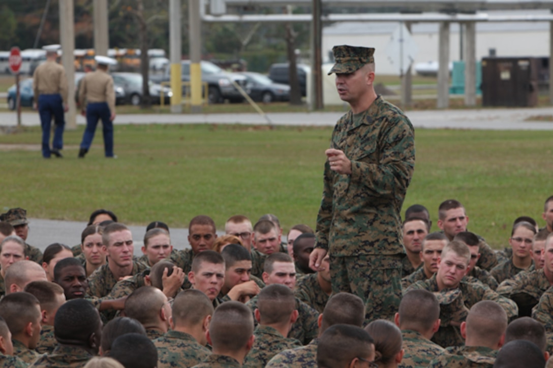 U.S. Marine Corps 1st Sergeant Jeffery G. Monssen from India Company, Marine Combat Training Battalion(MCT), School of Infantry-East(SOI-E) talks to Marines from MCT about the importance of history in the Marine Corps and celebrating the Marine Corps Birthday, Camp Geiger, North Carolina, on November 10, 2009. (U.S. Marine Corps Photo by Lance Cpl Maxton G. Musselman)