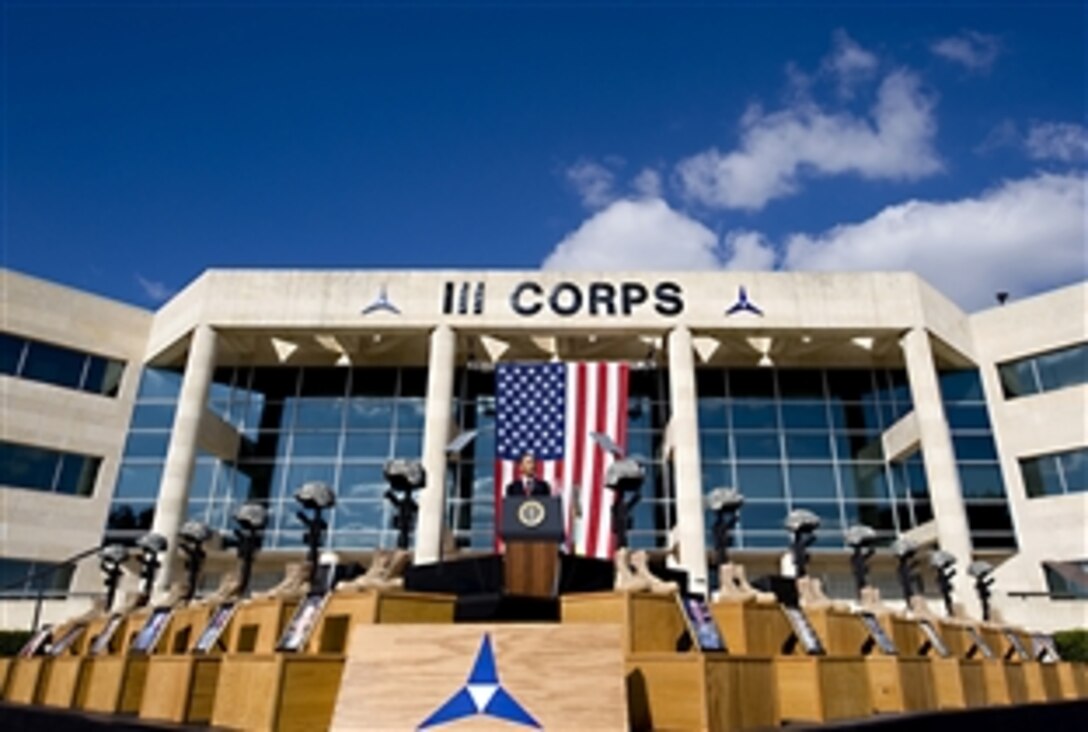 President Barack Obama speaks at the Nov. 10, 2009, Fort Hood, Texas, memorial service honoring the victims of the Nov. 5 shooting rampage that left 13 dead and 38 wounded. The president said "the killer will be met with justice – in this world, and the next."