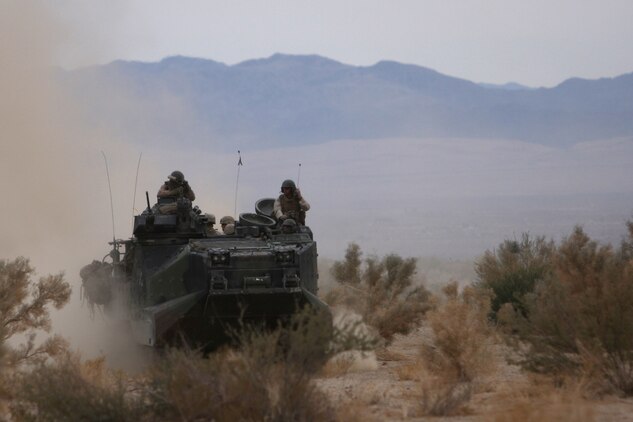 An Amphibious Assault Vehicle with 1st Platoon, Company D, 3rd Amphibious Assault Battalion, maneuvers into position for a combined raid on the Combat Center's Range 205 Nov. 11. Marines with Co. G, 2nd Bn., 7th Marines, rode in the AAVs and both will deploy with the 31st Marine Expeditionary Unit in January and will work hand-in-hand during their deployment just as they have been during training.