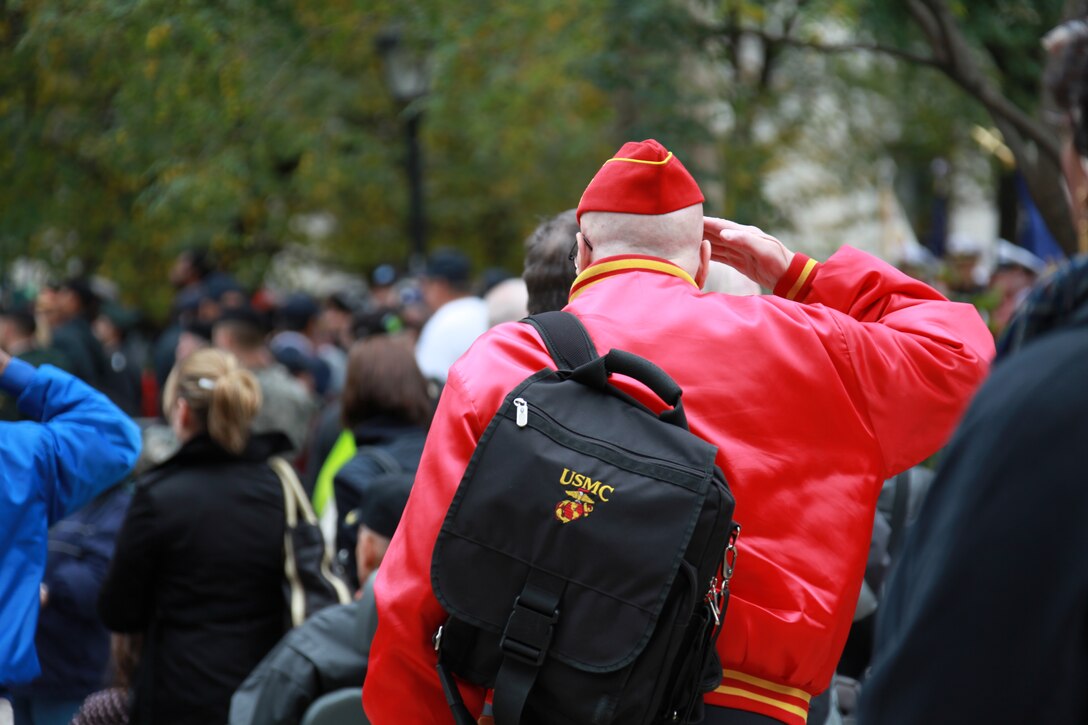 Service members from many eras are honored during the opening ceremony for the New York City Veterans Day parade Nov. 11, 2009. Marines from Special Purpose Marine Air Ground Task Force 26 stood in formation for the ceremony. The unit was formed to showcase Marine Corps personnel, aircraft, vehicles and equipment while docked at Pier 88 for the USS New York commissioning.