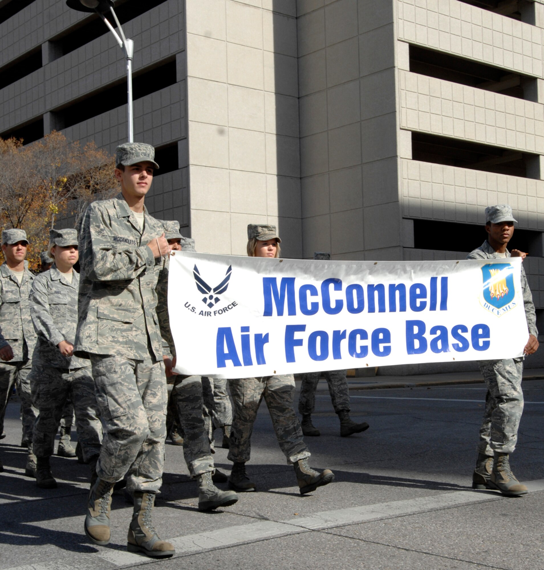 First Term Airman’s Center students from McConnell Air Force Base, Kan., lead a flight of Team McConnell members in the Veterans Day Parade, Nov. 7, 2009, in Wichita, Kan. (U.S. Air Force photo/Senior Airman Laura Suttles)