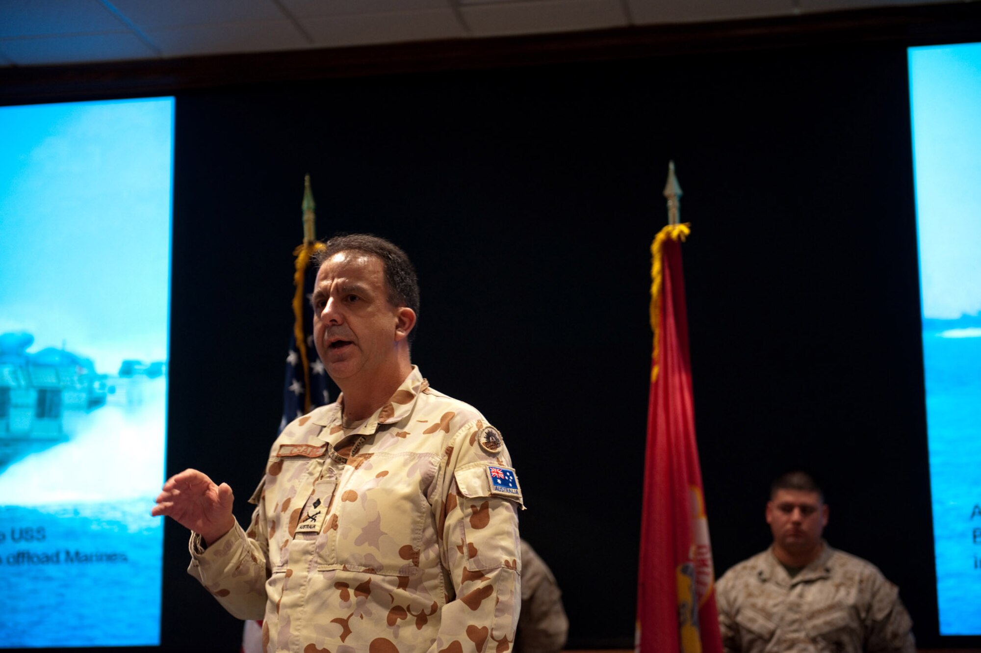 Australian Army Maj. Gen. Michael Crane, guest of honor at the U.S. Central Command Forward-hosted U.S. Marine Corps' 234th birthday, speaks to attendees during the ceremony at an undisclosed location in Southwest Asia, Nov. 10, 2009, in Southwest Asia. (U.S. Air Force photo/Staff Sgt. Robert Barney) 