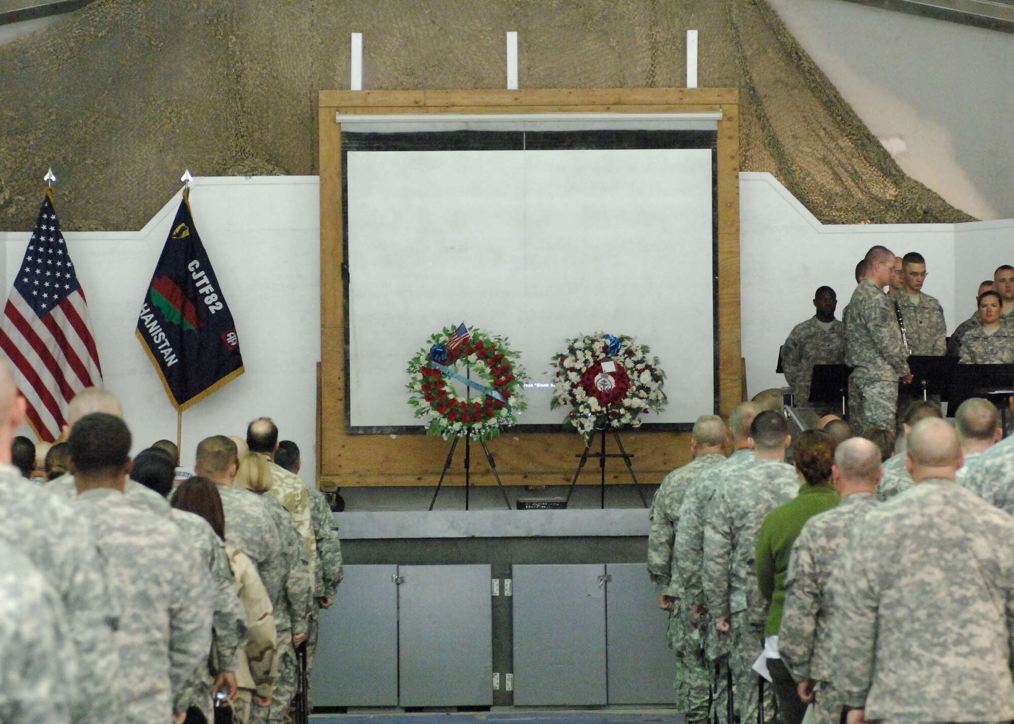 BAGRAM AIRFIELD, Afghanistan -- Wreaths in honor of Veteran's Day were placed on stage Nov. 11, 2009.  A Veteran's Day Ceremony was held in honor of the men and women serve around the world in harm's way in the armed forces.  (U.S. Air Force photo/Senior Airman Felicia Juenke)