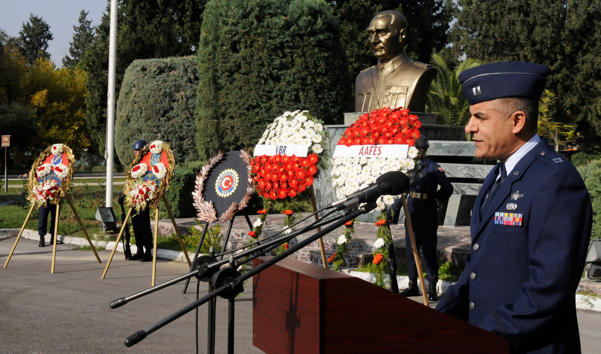 Capt. Marco Aminni, 39th Mission Support Group, speaks to Turkish and American Air Force members about the history of Mustafa Kemal Ataturk during the Ataturk Memorial Day Ceremony, Tuesday, Nov. 10, 2009 in front of the 10th Tanker Base Command Headquarters. The ceremony was open to all members of the Incirlik community.  (U.S. Air Force photo/Airman 1st Class Amber Ashcraft)