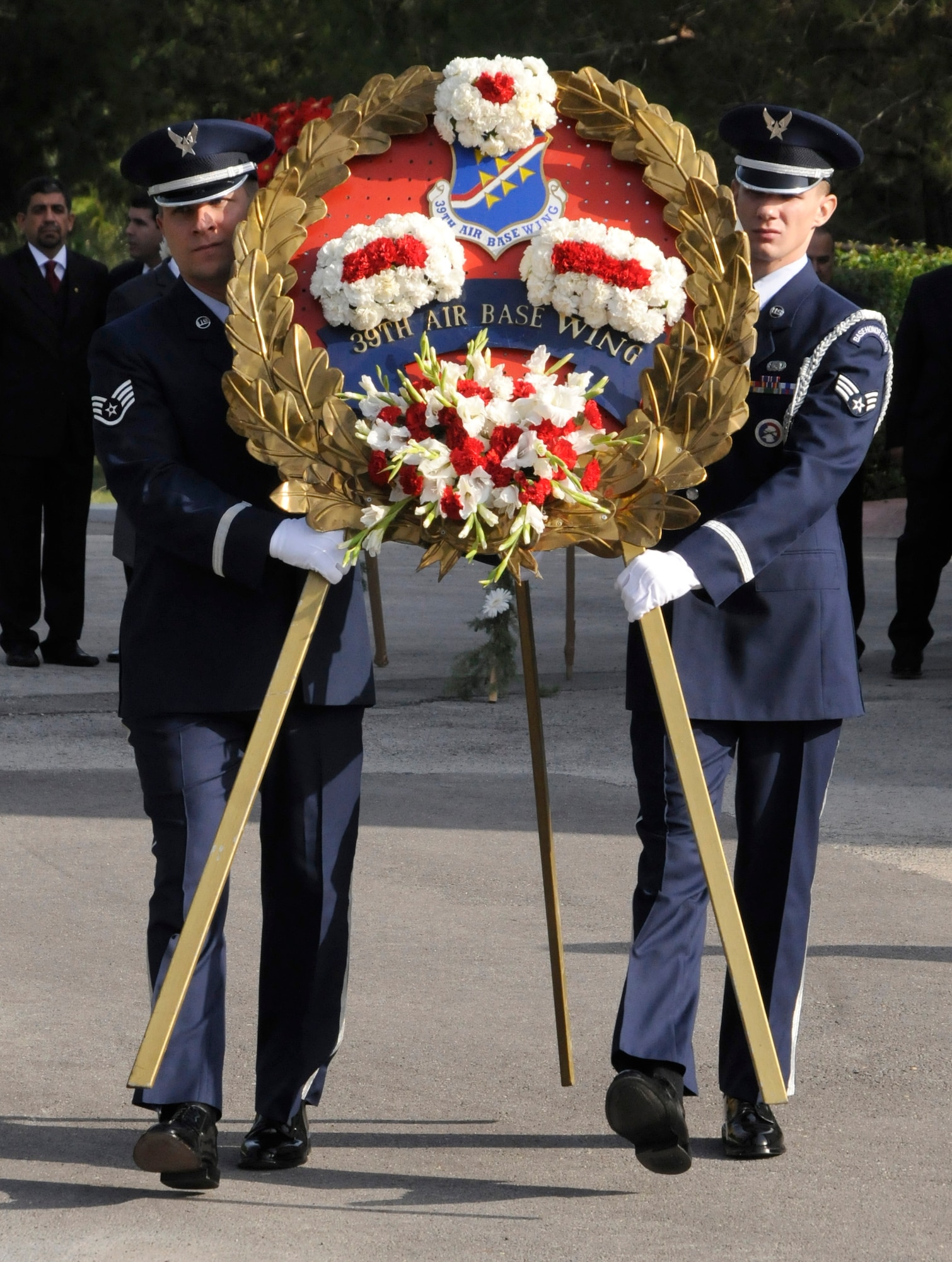 Members from the 39th Air Base Wing Honor Guard, present a wreath in honor of the 71st anniversary of Mustafa Kemal Ataturk’s death during the Ataturk Memorial Day Ceremony, Tuesday, Nov. 10, 2009 in front of the 10th Tanker Base Command Headquarters. The ceremony was open to all members of the Incirlik community.  (U.S. Air Force photo/Airman 1st Class Amber Ashcraft)