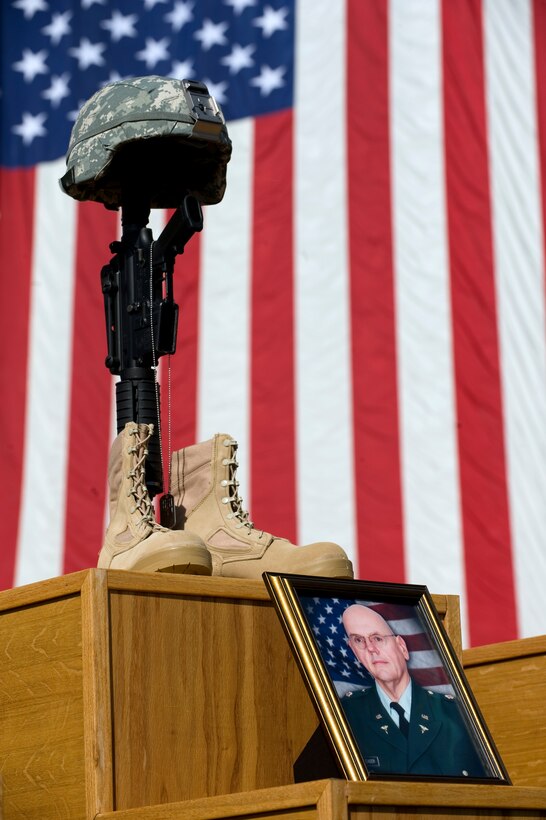 A memorial for Army Capt. Russell G. Seager stands outside the III Corps building during a memorial ceremony honoring the fallen heroes who were killed at the Army processing station on Nov. 5, on Fort Hood, Texas, Nov. 10, 2009.