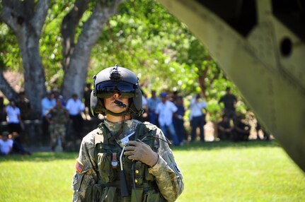 ILOPANGO, El Salvador -- Army Staff Sgt. Scott Hirschi, Joint Task Force-Bravo CH-47 Chinook crew chief, based out of Soto Cano Air Base, Honduras, runs through some preflight checks Nov. 12 here. The JTF-Bravo members helped distribute more than 21,000 pounds of food, water, clothing and other hygiene products to villages of El Salvador that have been cut off by mudslides. The towns most affected by the Nov. 8 flooding were Verapaz, Guadalupe, Santa Maria Ostumas and San Vicente. These villages were completely cut off by damaged roads and bridges (U.S. Air Force photo/Staff Sgt. Chad Thompson).