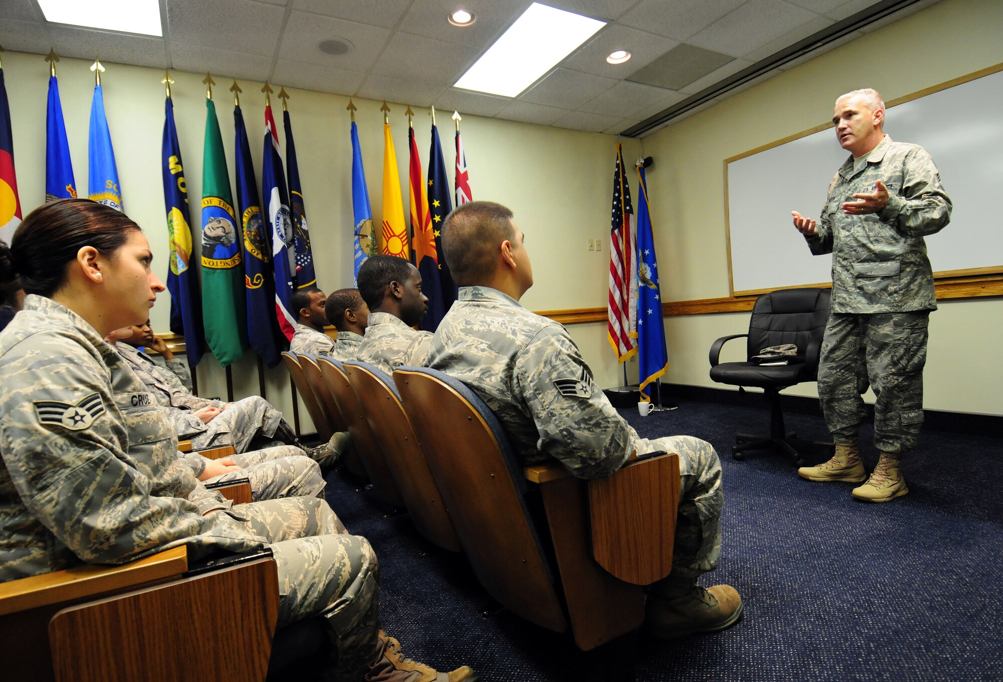 ANDERSEN AIR FORCE BASE, Guam - Pacific Air Forces Command Chief Master Sgt. Brooke McLean speaks to Airmen currently attending Airman Leadership School here Nov. 10. This is Chief McLean's first visit to Guam as PACAF's command chief.(U.S. Air Force photo by Airman 1st Class Courtney Witt)