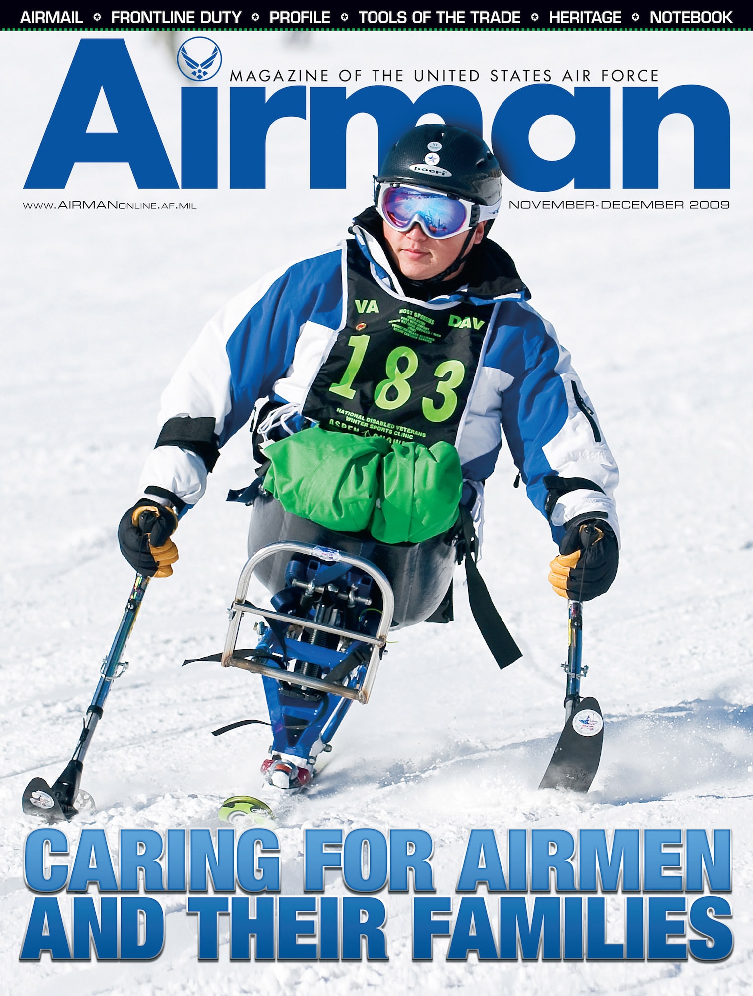 In this photo by Staff Sgt. Desiree Palacios, Senior Airman Kevin Krogh learned how to monoski during the National Disabled American Veterans Winter Games in Snowmass Village, Colo. The November/December 2009 issue of Airman, is now available in print and online at www.airmanonline.af.mil. (U.S. Air Force illustration) 
