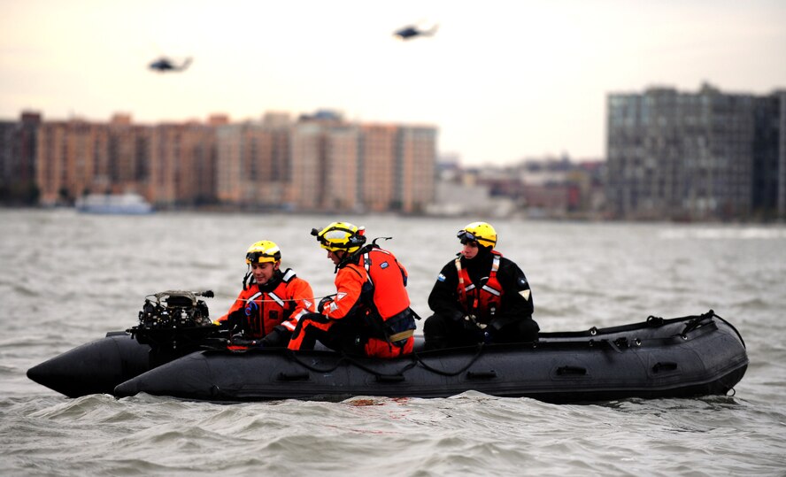 Members of the 106th Rescue Wing participated in a Veteran?s Day event in front of the Intrepid Sea-Air-Space Museum in New York City on November 11, 2009. The event included a rescue demonstration featuring HH-60s from the 101st Rescue Squadron and Guardian Angels from the 103rd Rescue Squadron. After the event the HH-60s flew over the Veteran?s Day parade route and landed on the deck of the USS Intrepid. 
(U.S. Air Force Photo/Senior Airman Chris Muncy/Released)
