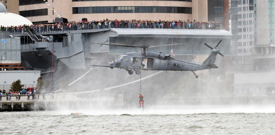 Members of the 106th Rescue Wing participated in a Veteran?s Day event in front of the Intrepid Sea-Air-Space Museum in New York City on November 11, 2009. The event included a rescue demonstration featuring HH-60s from the 101st Rescue Squadron and Guardian Angels from the 103rd Rescue Squadron. After the event the HH-60s flew over the Veteran?s Day parade route and landed on the deck of the USS Intrepid. 
(U.S. Air Force Photo/Senior Airman Chris Muncy/Released)
